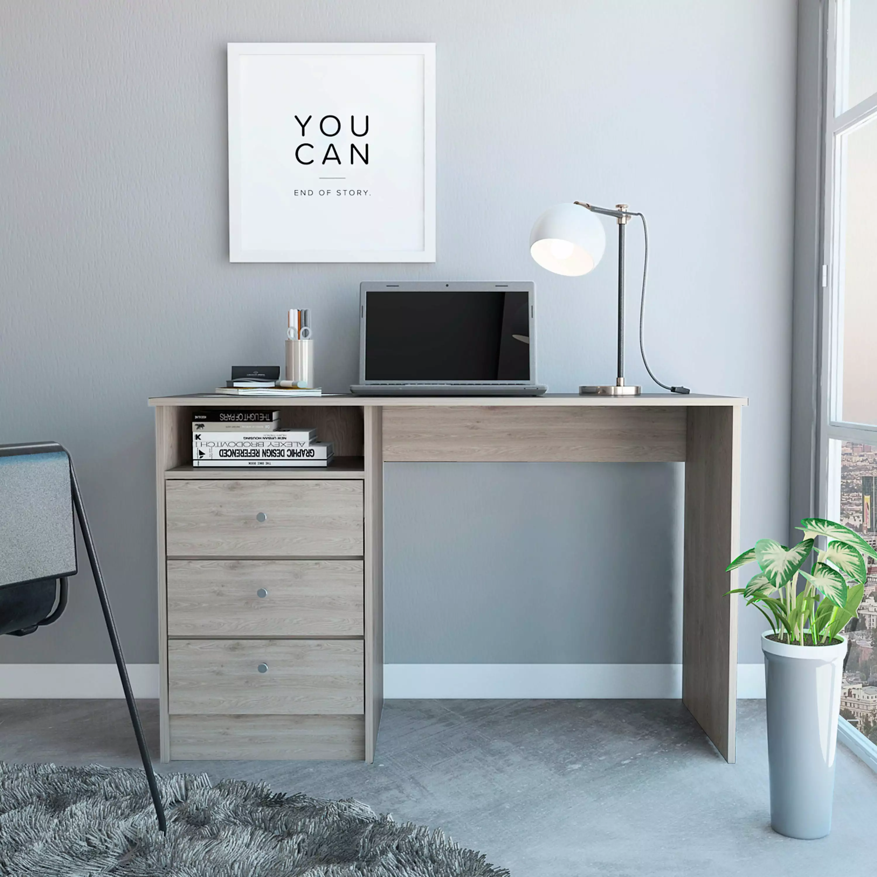 GeeHome Providence 3-Drawer Writing Desk Open Compartment Light Gray