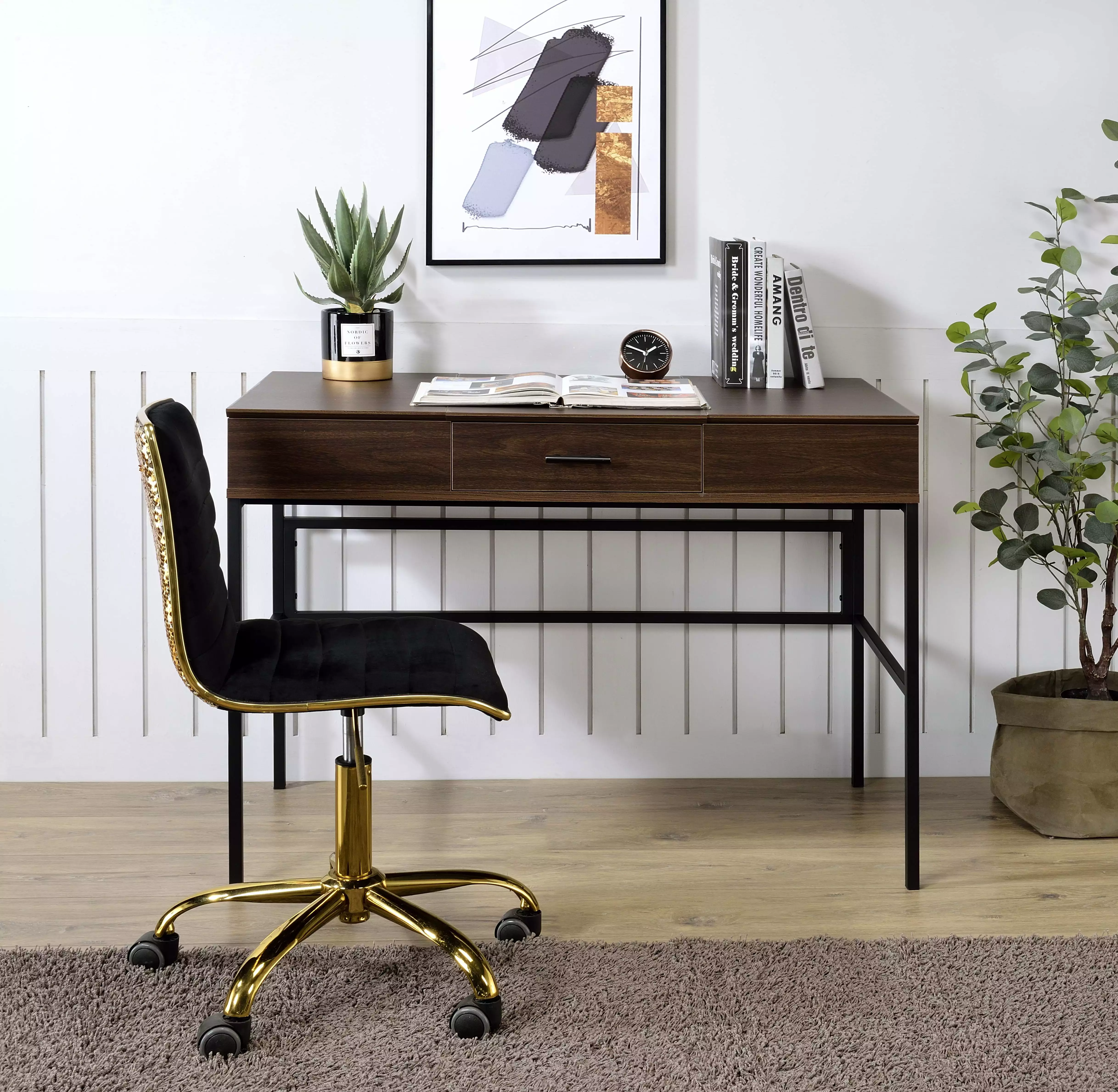 GeeHome Verster Writing Desk Built- USB Port Oak & Black Finish