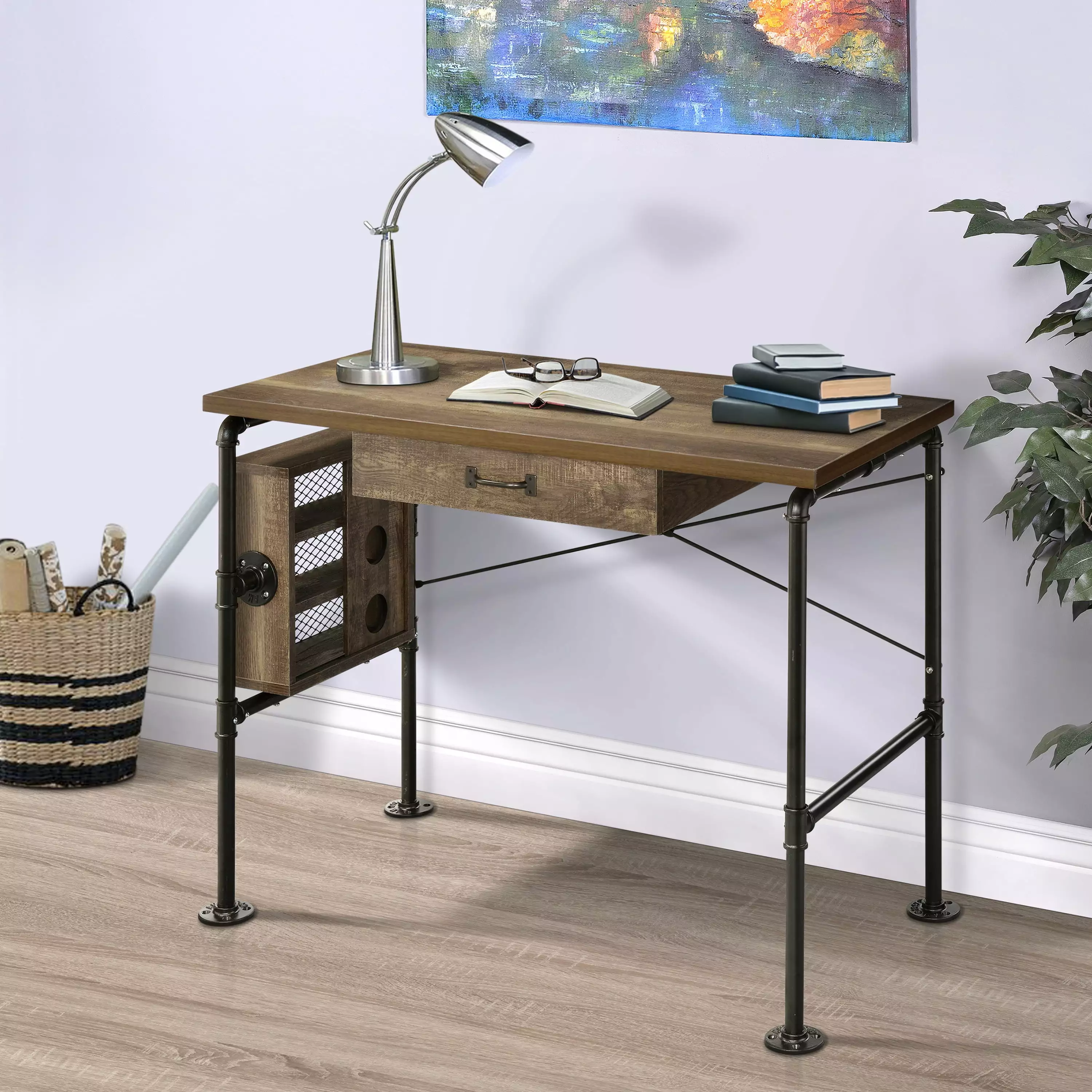 GeeHome Weathered Oak Black 1-Drawer Writing Desk Compact Office Desk