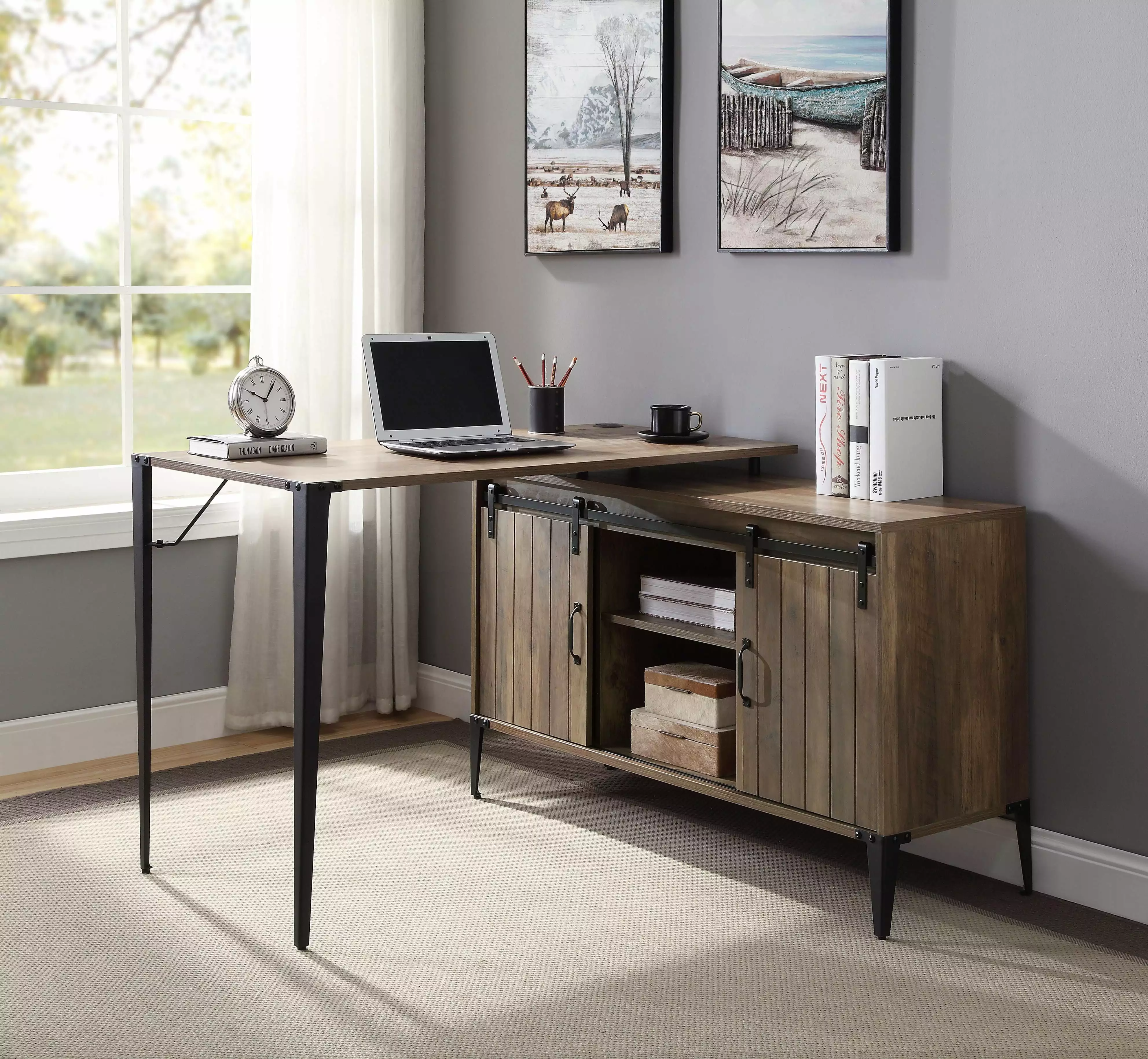 GeeHome Zakwani Writing Desk Rustic Oak and Black Finish - Classic Home Office Desk