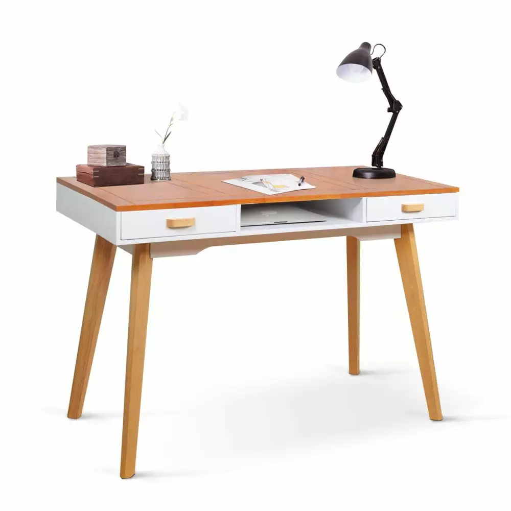Gzxs Modern Solid Wood Writing Desk 2 Drawers 42.52 Inch Home Office Workbench Laptop Study Table Natural White