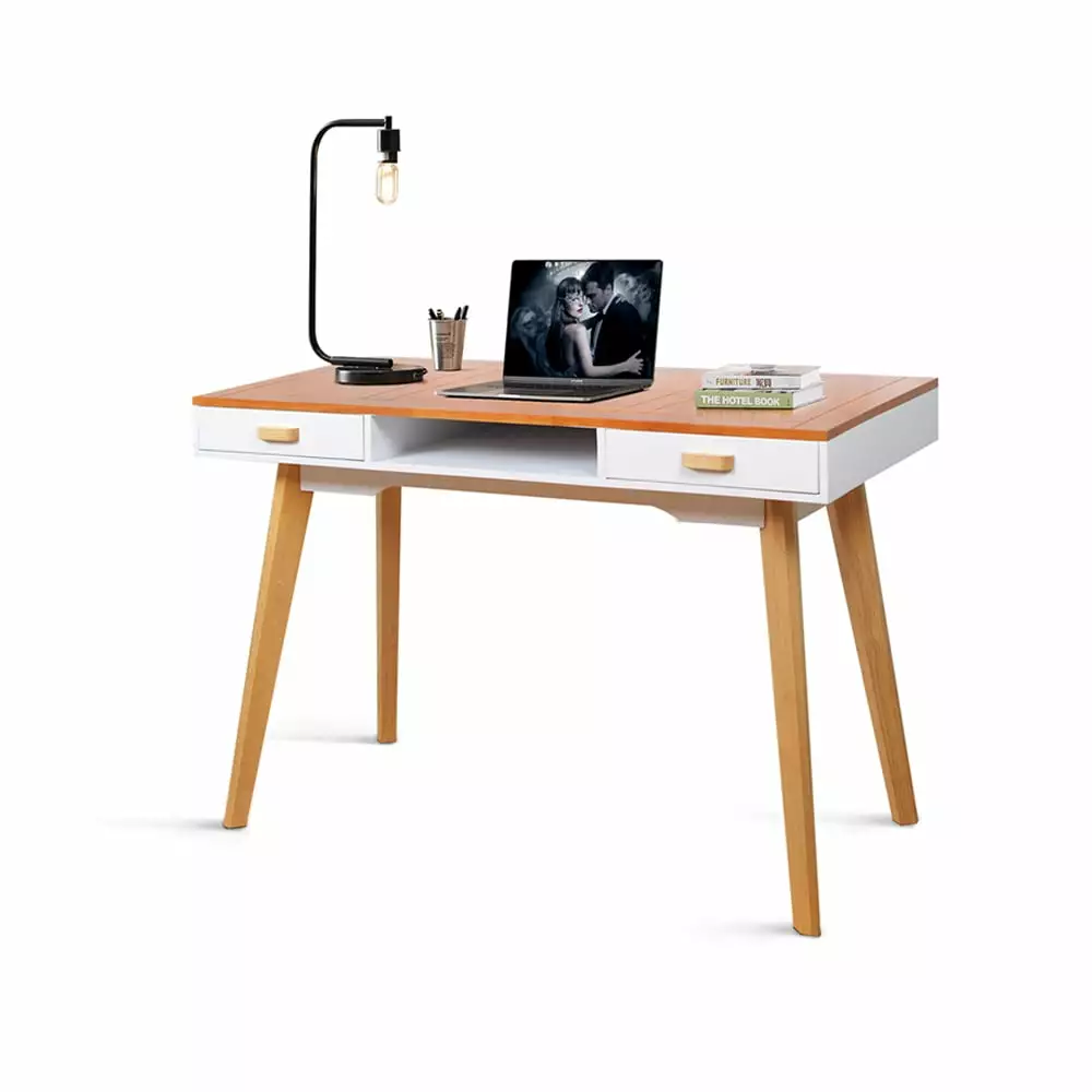Hassch Modern Solid Wood Writing Desk - Home Office Workbench 2 Drawers and Shelf Natural/White