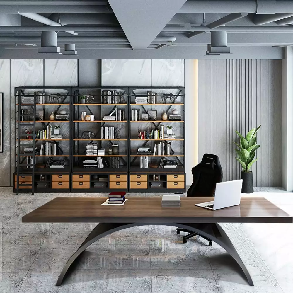 Homary 70.9 Inch Industrial Writing Desk Solid Wood Top and Metal Base