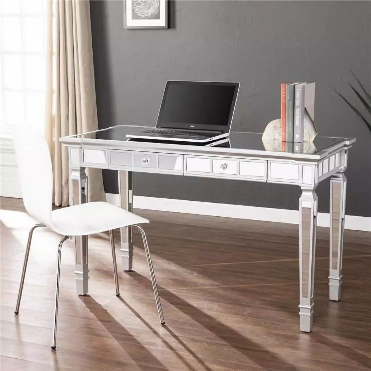 HomeRoots 402053 Silver Mirrored Writing Desk Drawers - Glam Home Office Desk