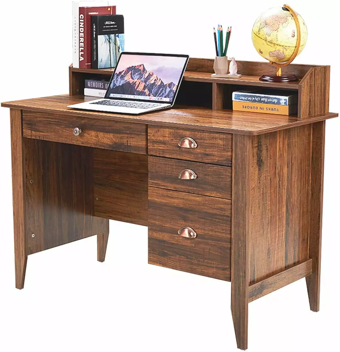 Homfa 47 Computer Desk Home Office Writing Table 4 Drawers Hutch Shelf Rustic Brown Sturdy Desk