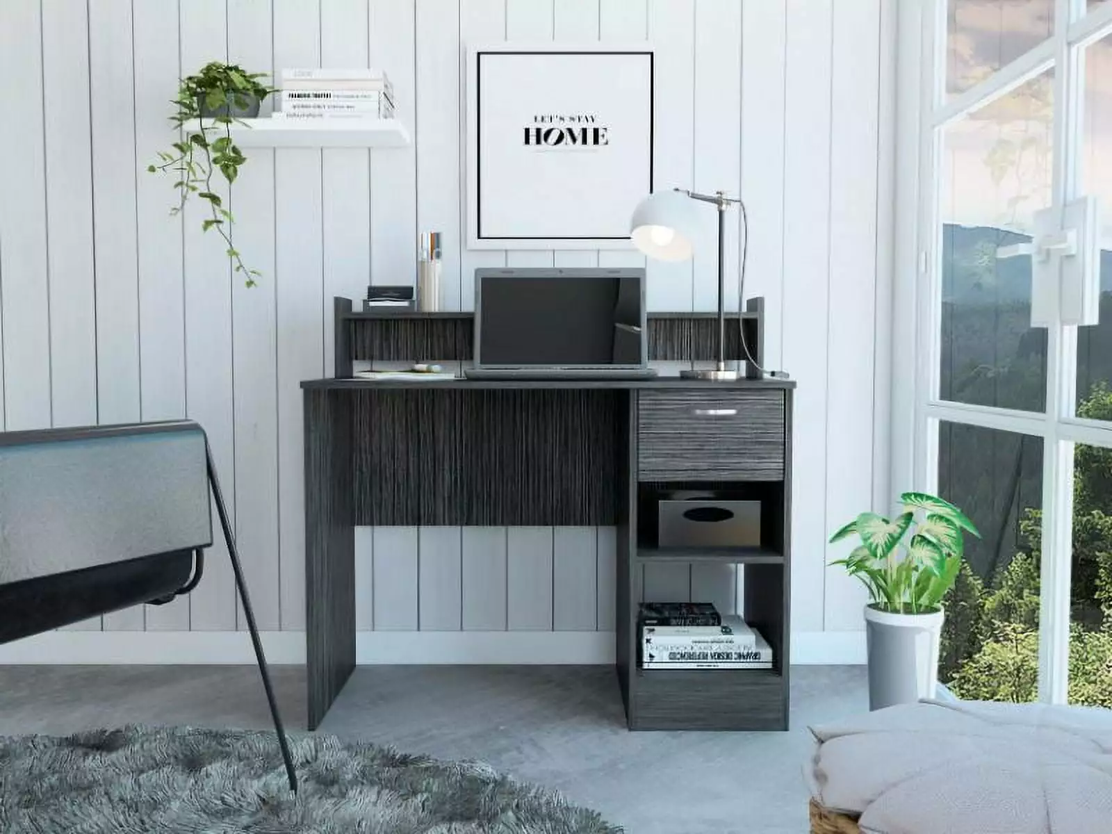 Homiyad 2-Shelf 1-Drawer Writing Desk Smokey Oak Compact Workstation
