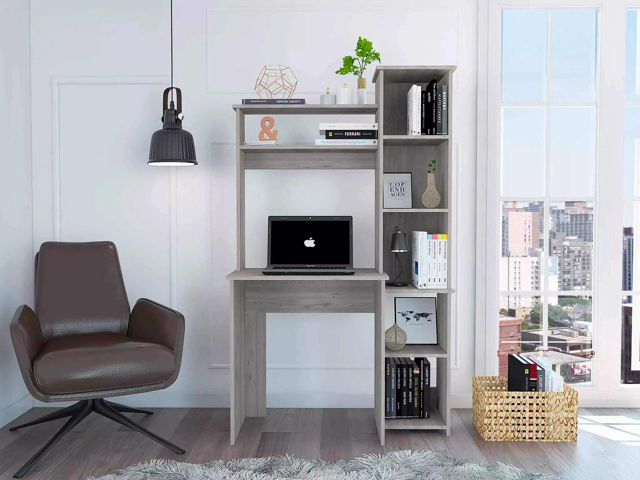 Homiyad 6-Shelf Writing Desk Built- Bookcase Light Grey