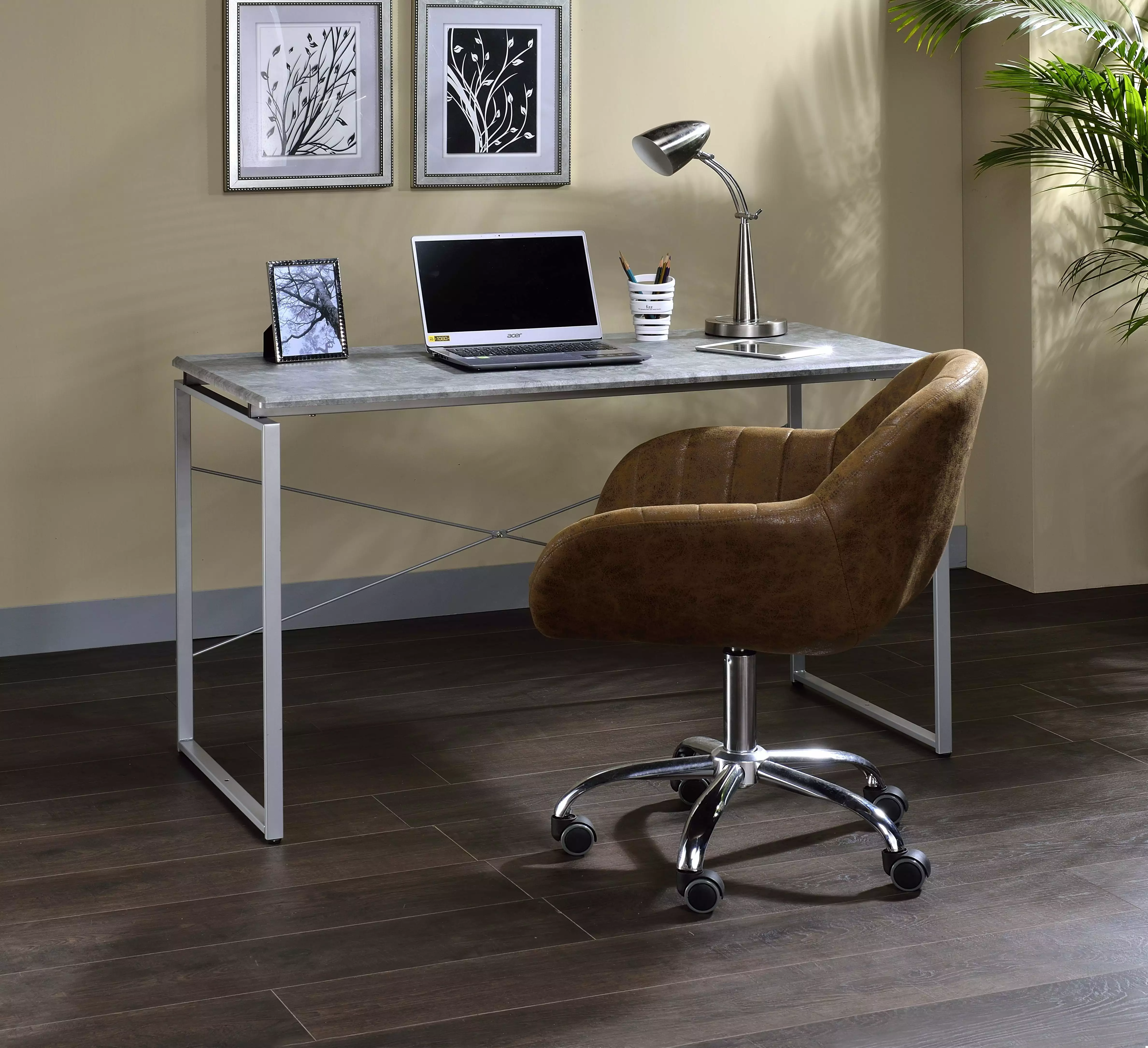 Homiyad Desk Faux Concrete & Silver Modern Writing Table Home Office
