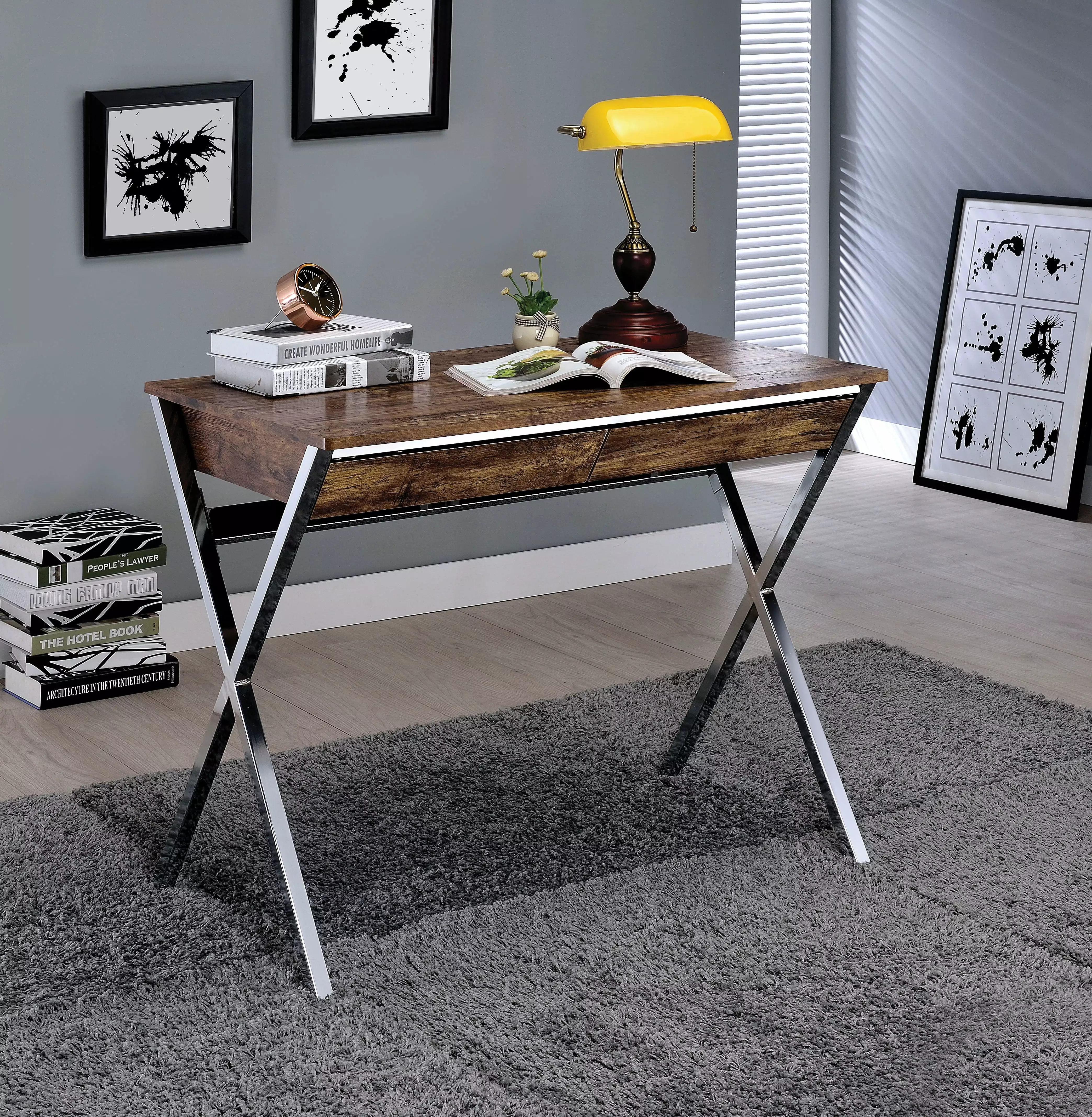 Homiyad Desk Weathered Oak and Chrome Modern Home Office Writing Desk