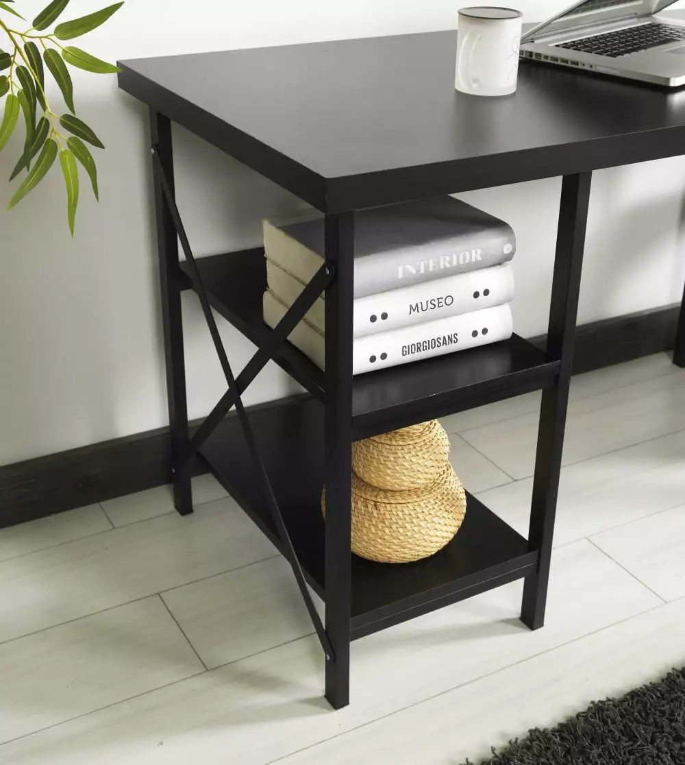 Homiyad Metal Frame 60 Extra Wide Wood Top 4 Shelves Writing and Computer Desk Home Office Black