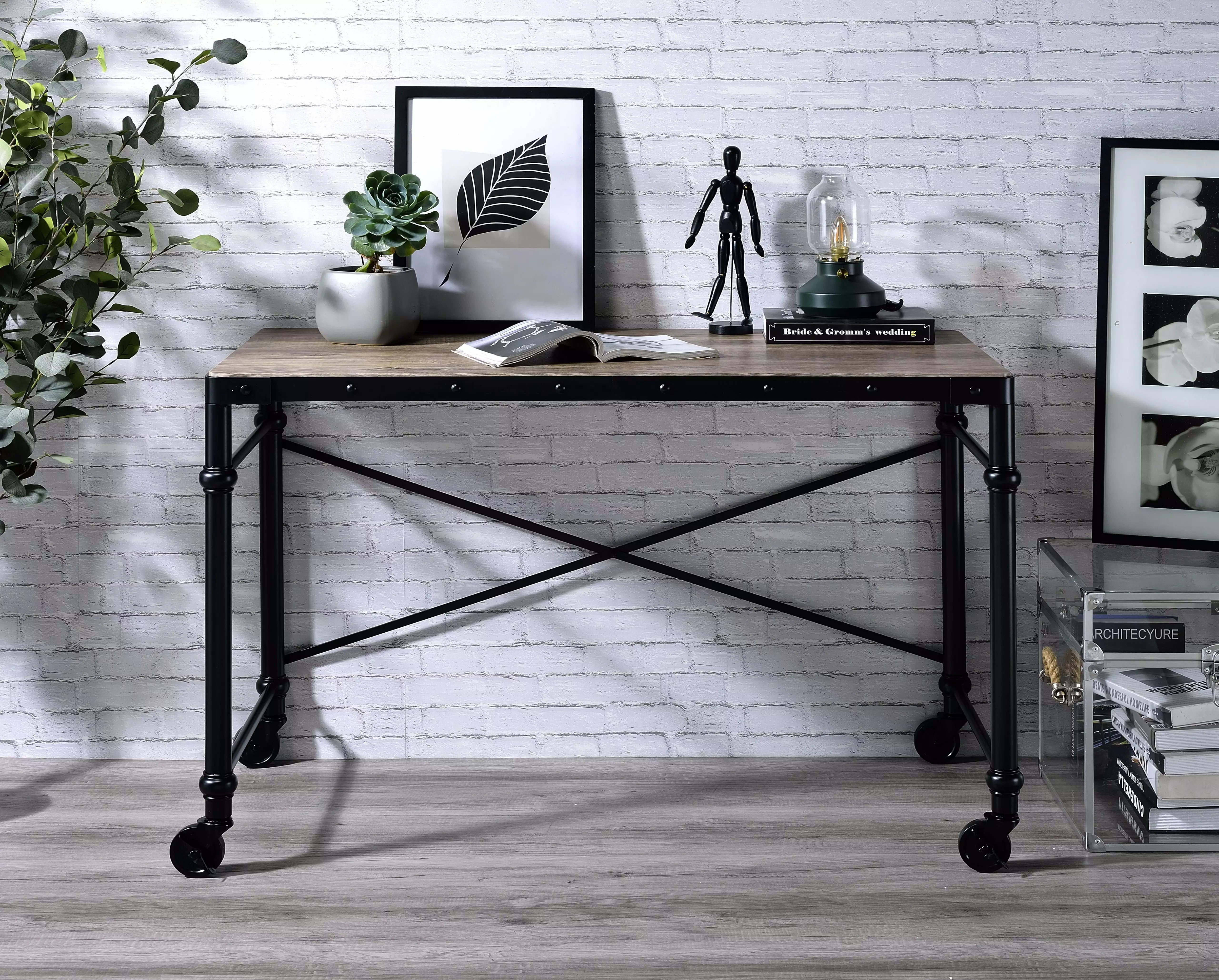 Homiyad Rustic Oak Black Finish Writing Desk Home Office