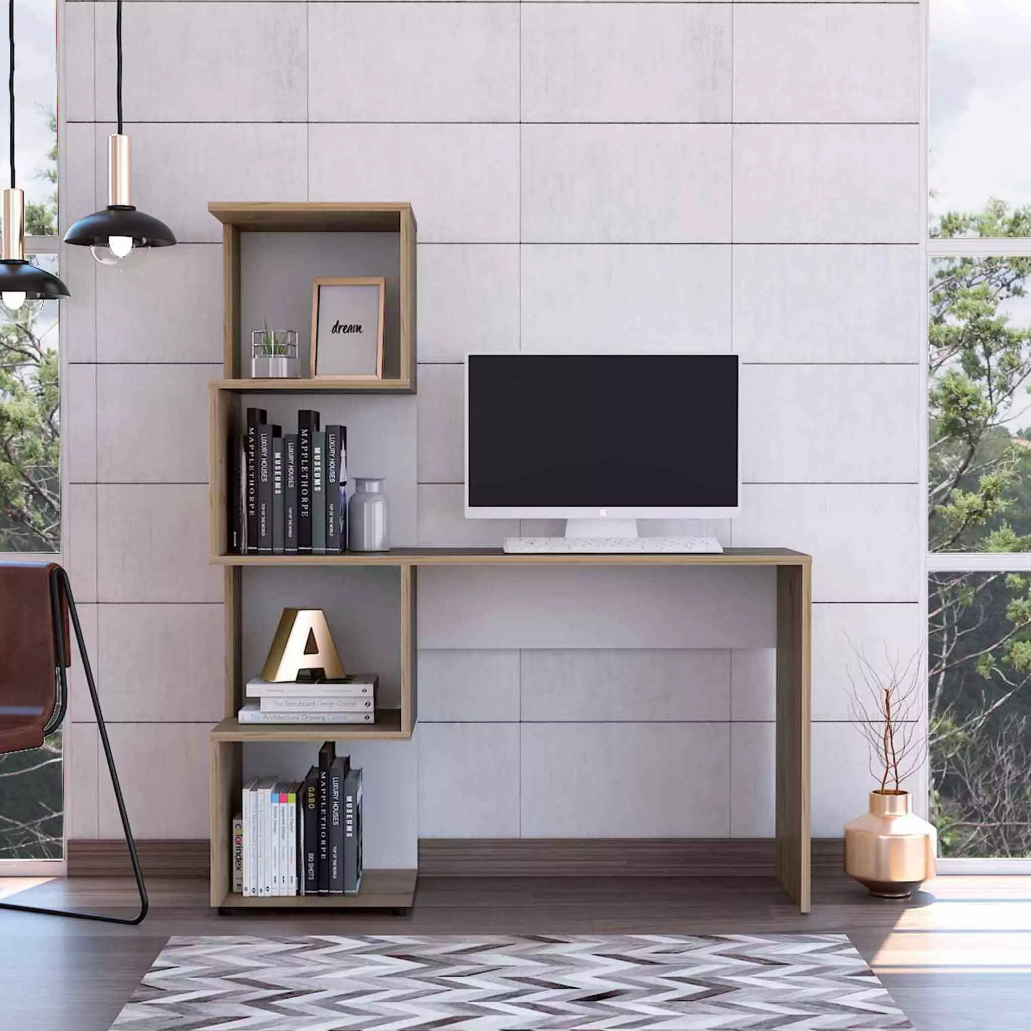Homiyad Whirlwind Writing Desk Geometric Bookcase Light Oak and White