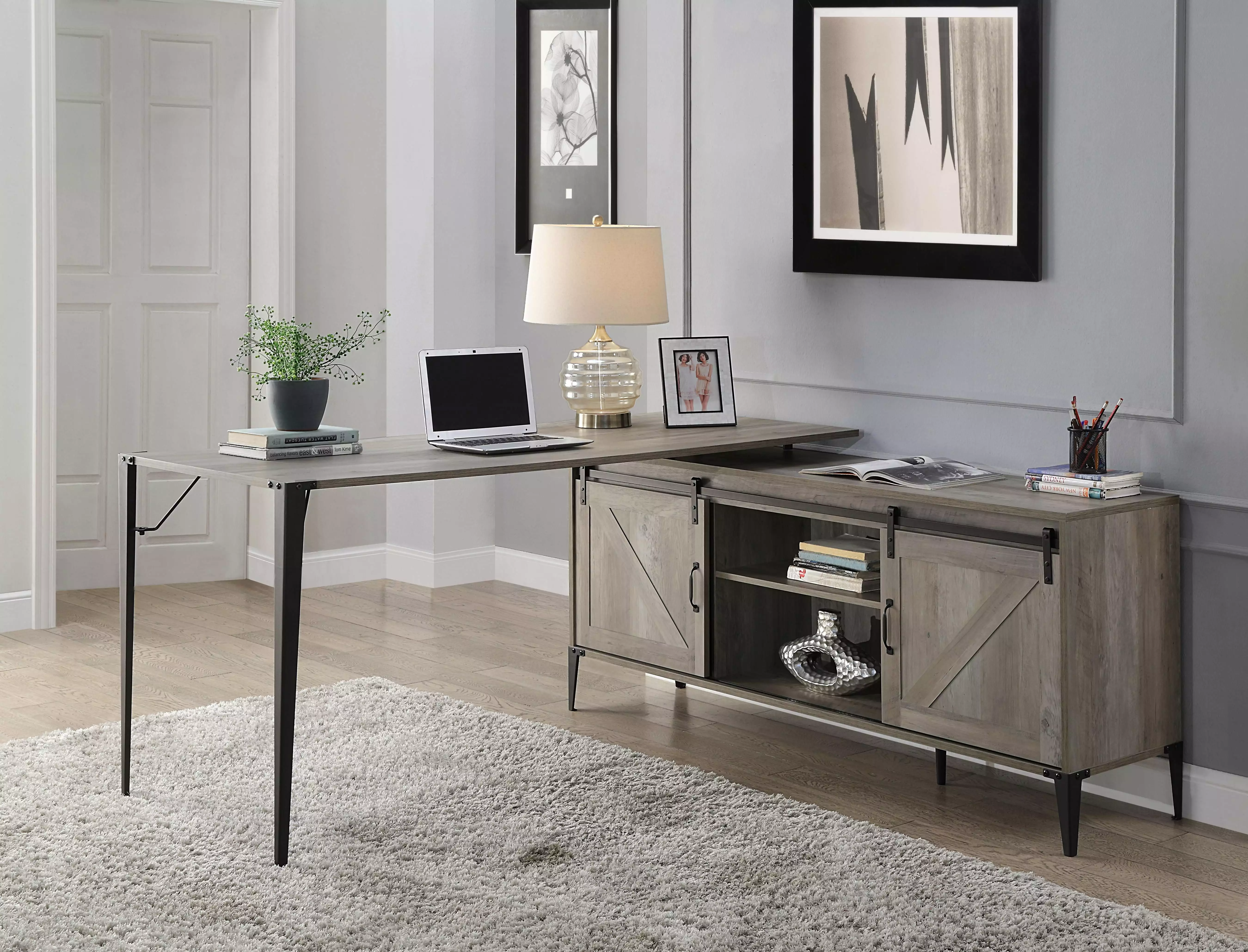 Homiyad Writing Desk Gray Oak and Black Finish