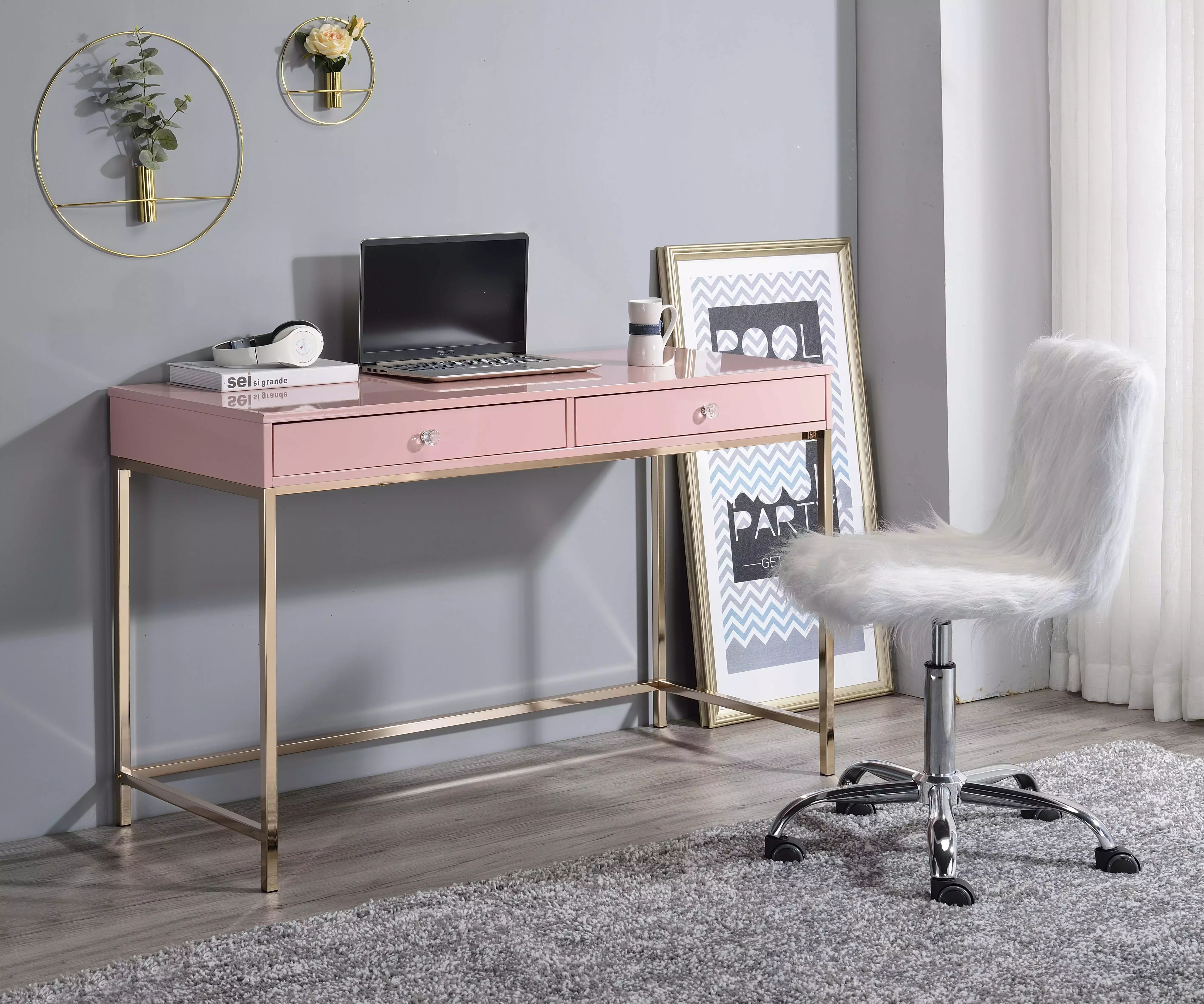 Homiyad Writing Desk Pink High Gloss & Gold Finish - Stylish Home Office Desk