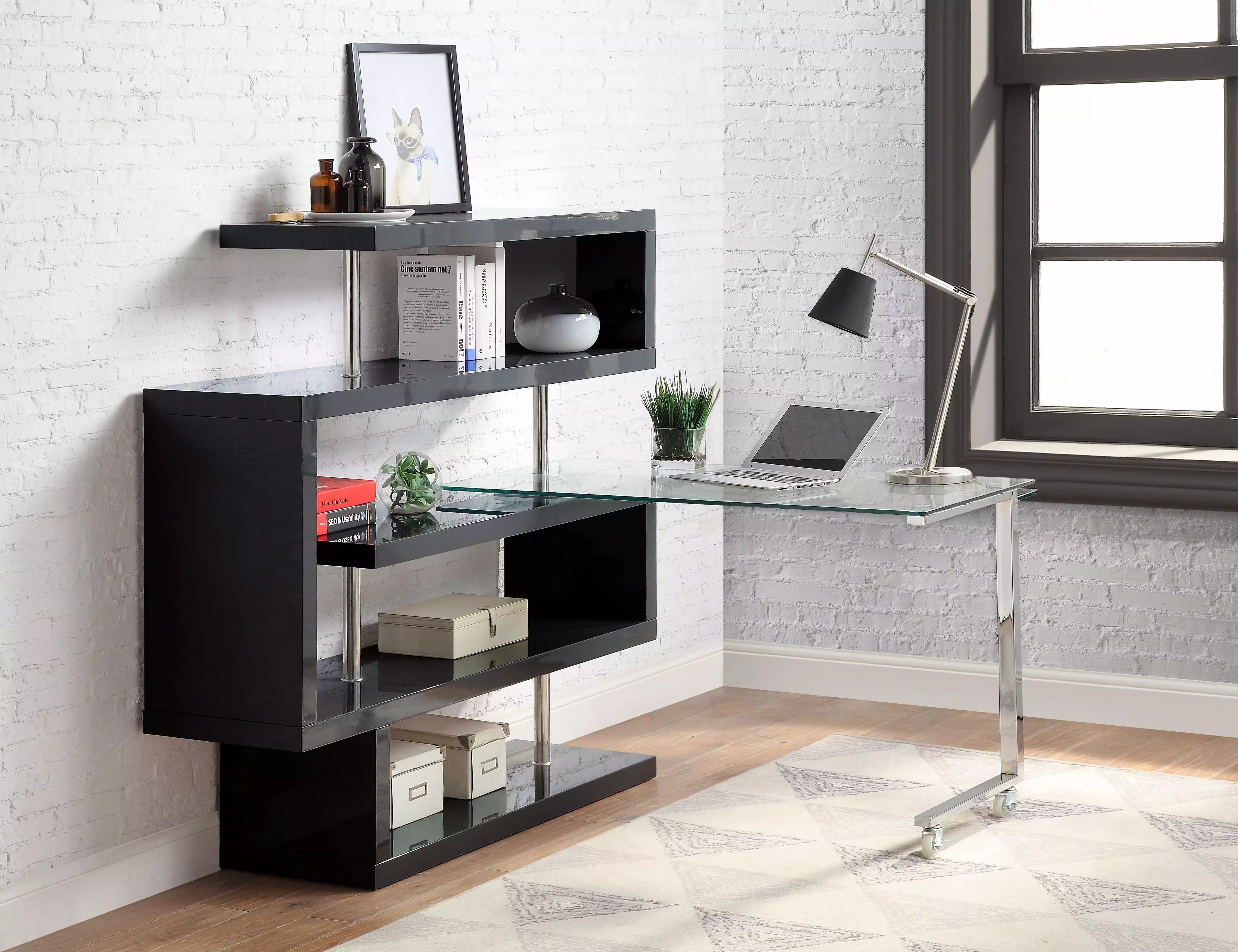 Homiyad Writing Desk Shelf Clear Glass Black Chrome Finish Modern Study Desk