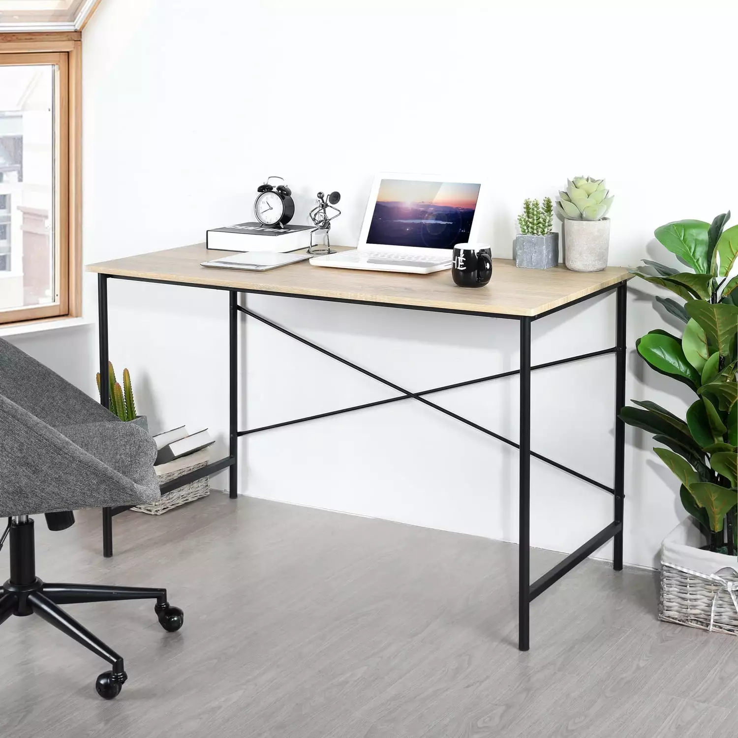 Homy Casa 47.2 inch Writing Desk Industrial Style Laptop Table Home Office Oak
