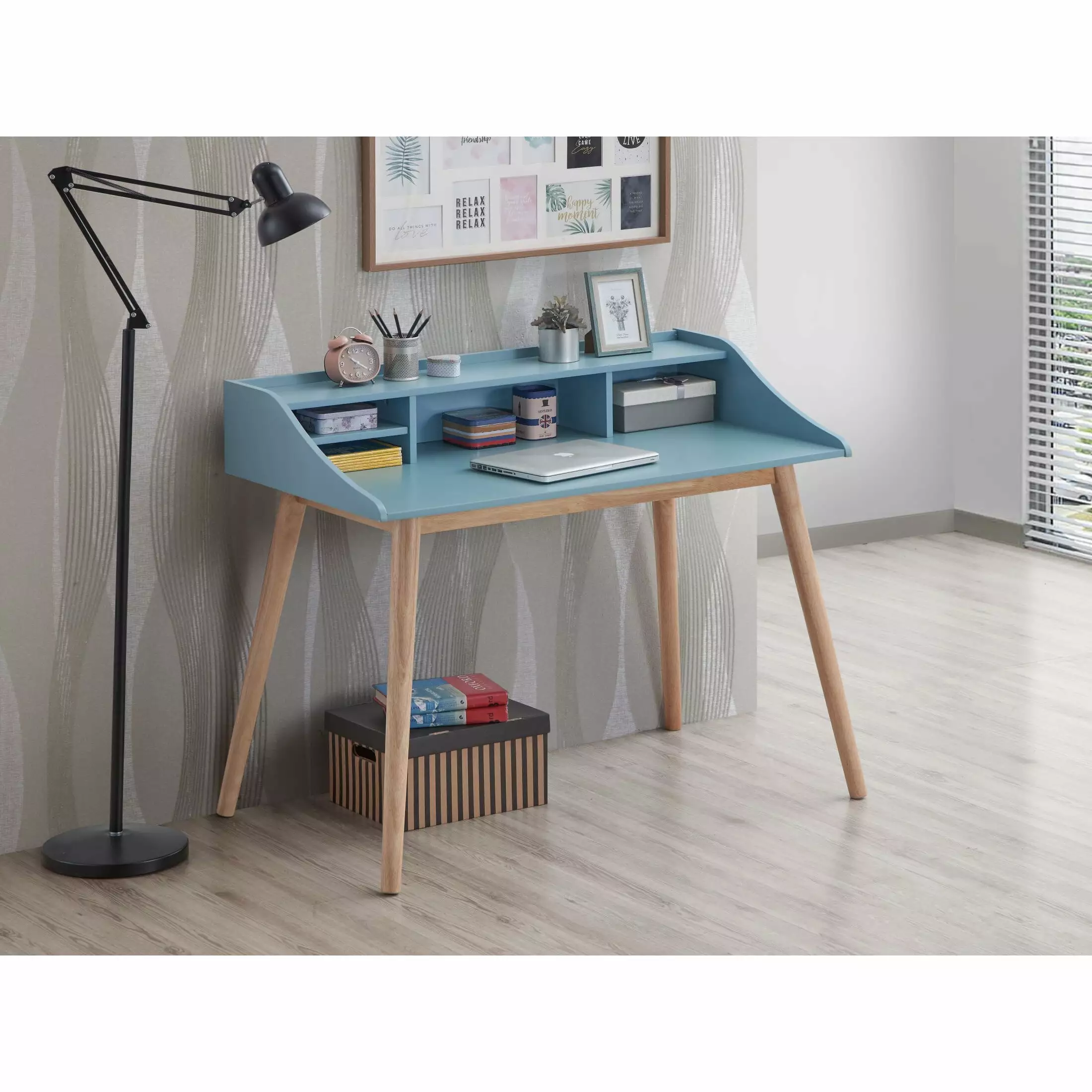 Mid-Century Modern Blue Wood Writing Desk Hutch Home Office Horze