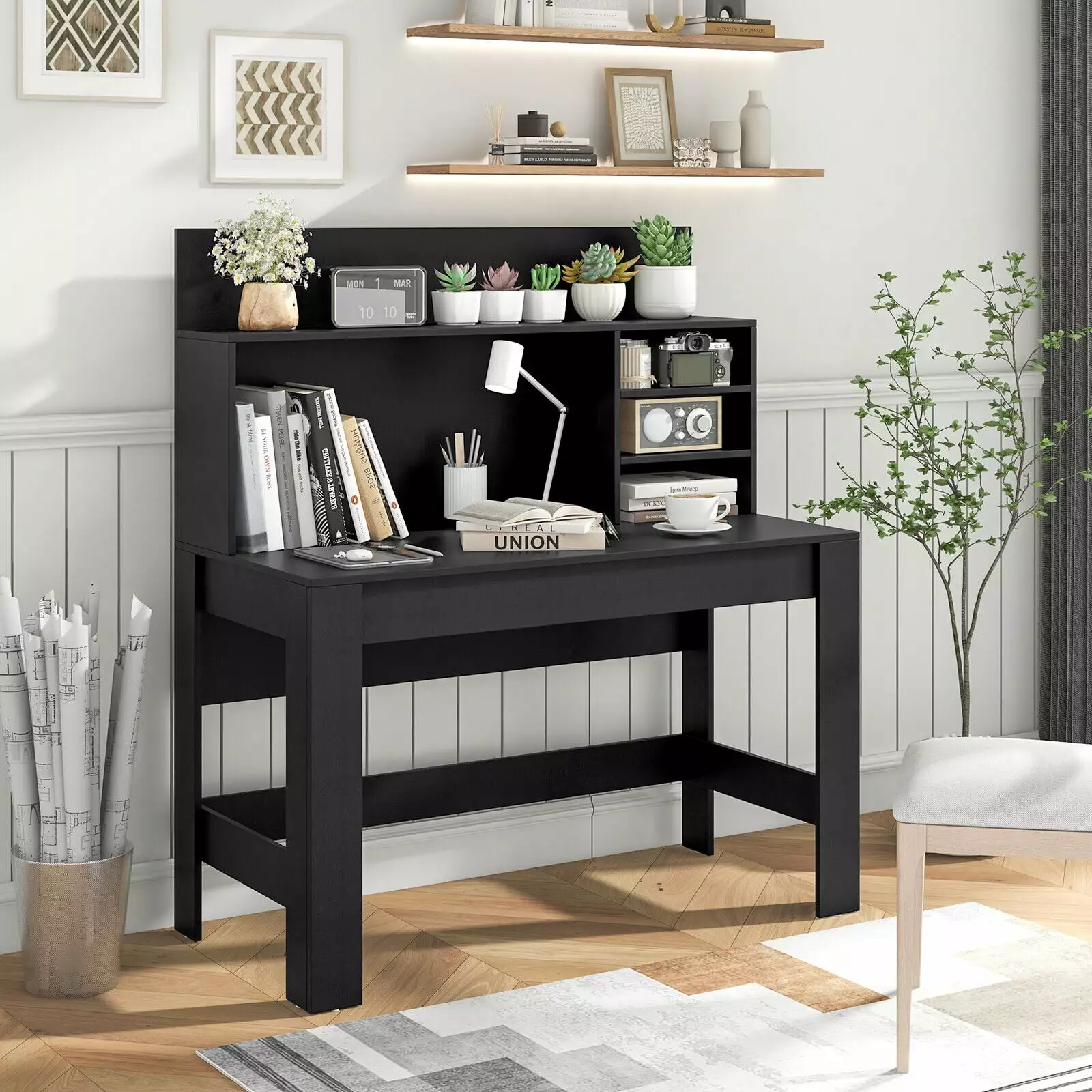 Laijoy Home Office Computer Desk Study Table Writing Workstation Hutch Cable Hole Black