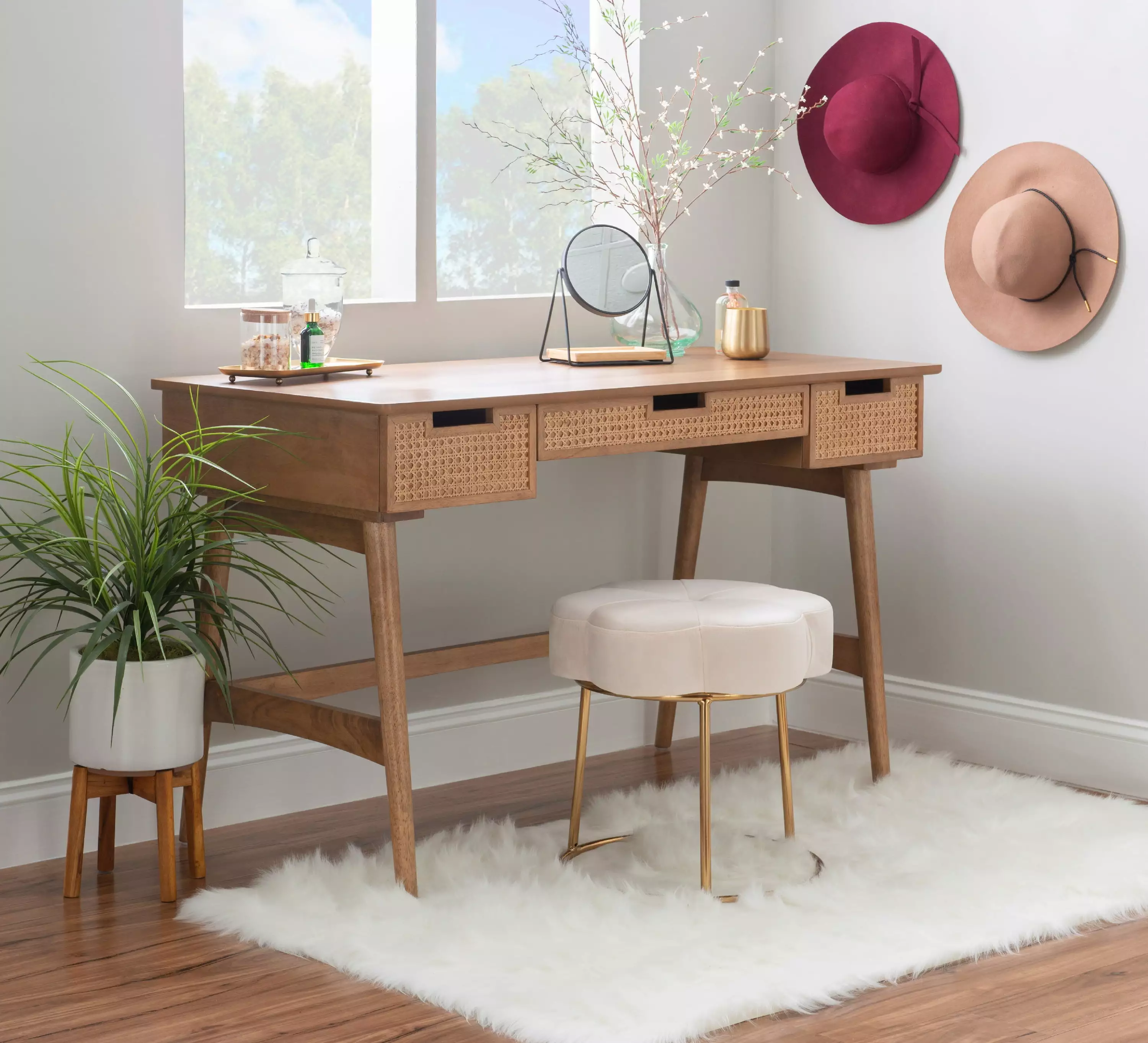 Linon Howry 3-Drawer Rattan Writing Desk Natural Finish 51W x 23D