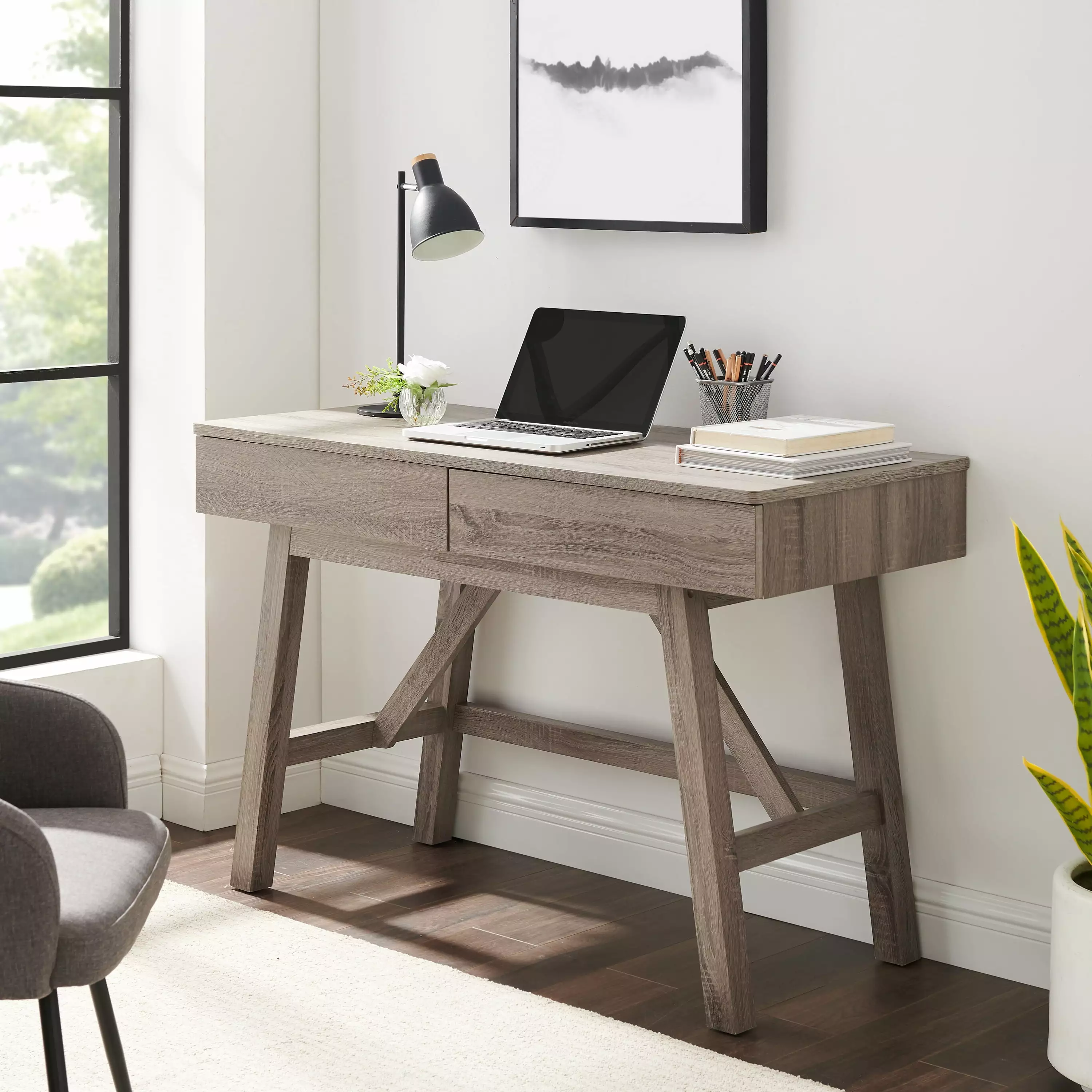 Linon Tracey Desk Grey Two Spacious Storage Drawers