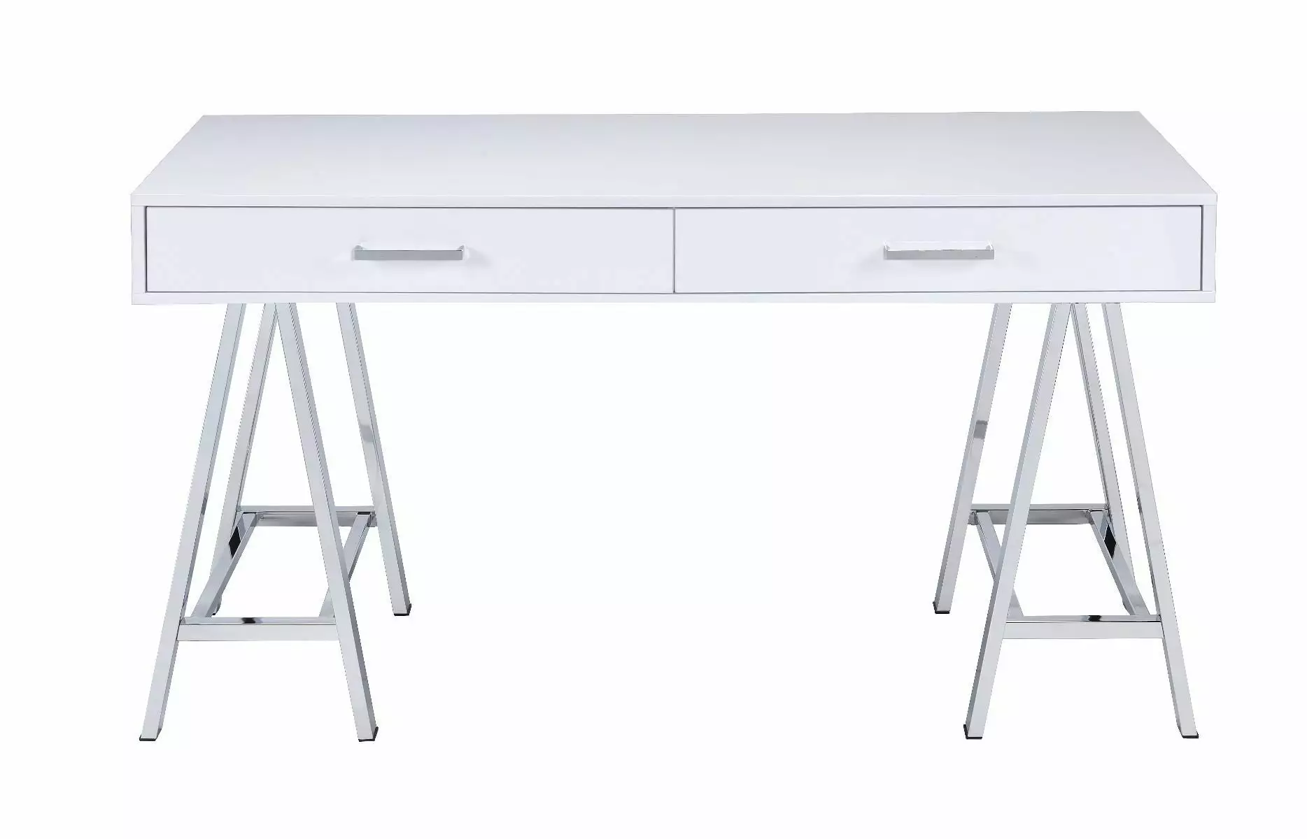 MAICOSY Contemporary Built- USB Port Writing Desk White High Gloss Chrome Finish