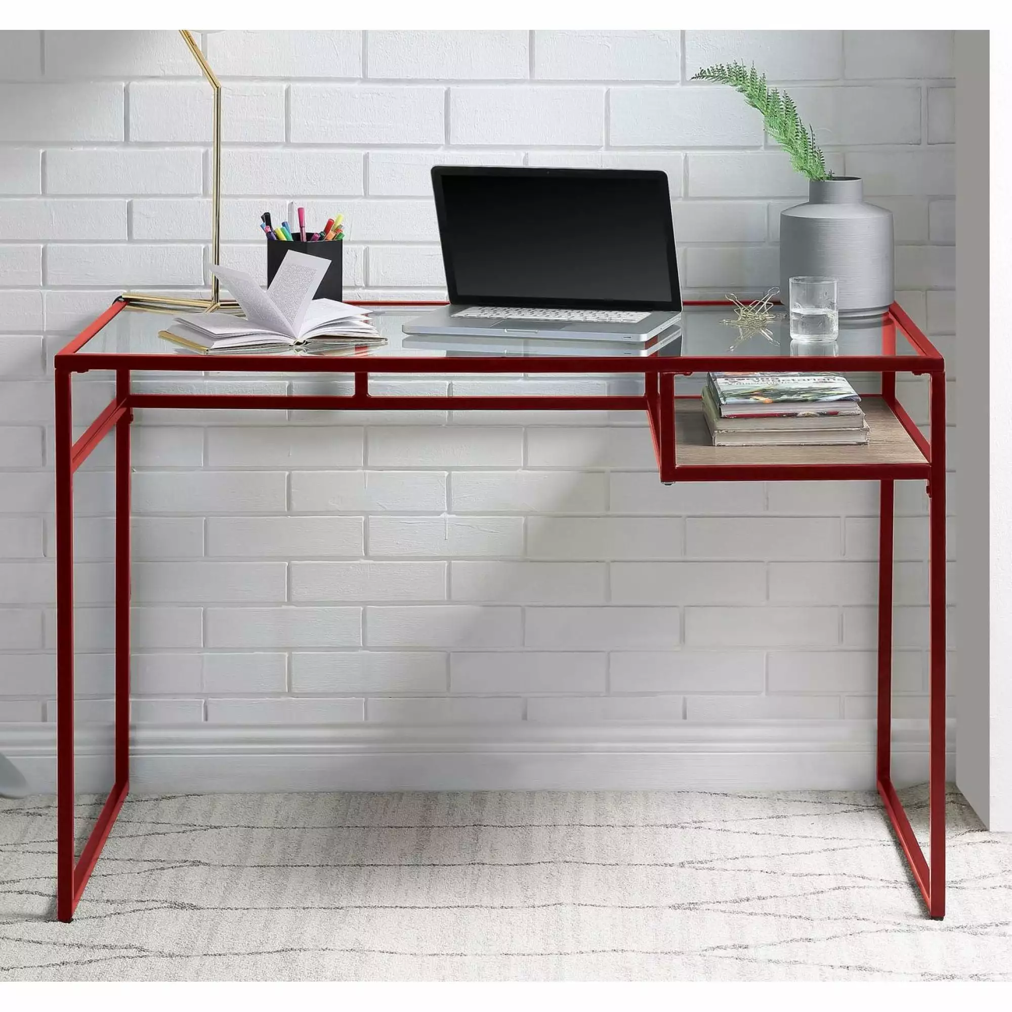 Miekor Furniture Yasin Desk - Red & Glass Modern Writing Desk Home Office