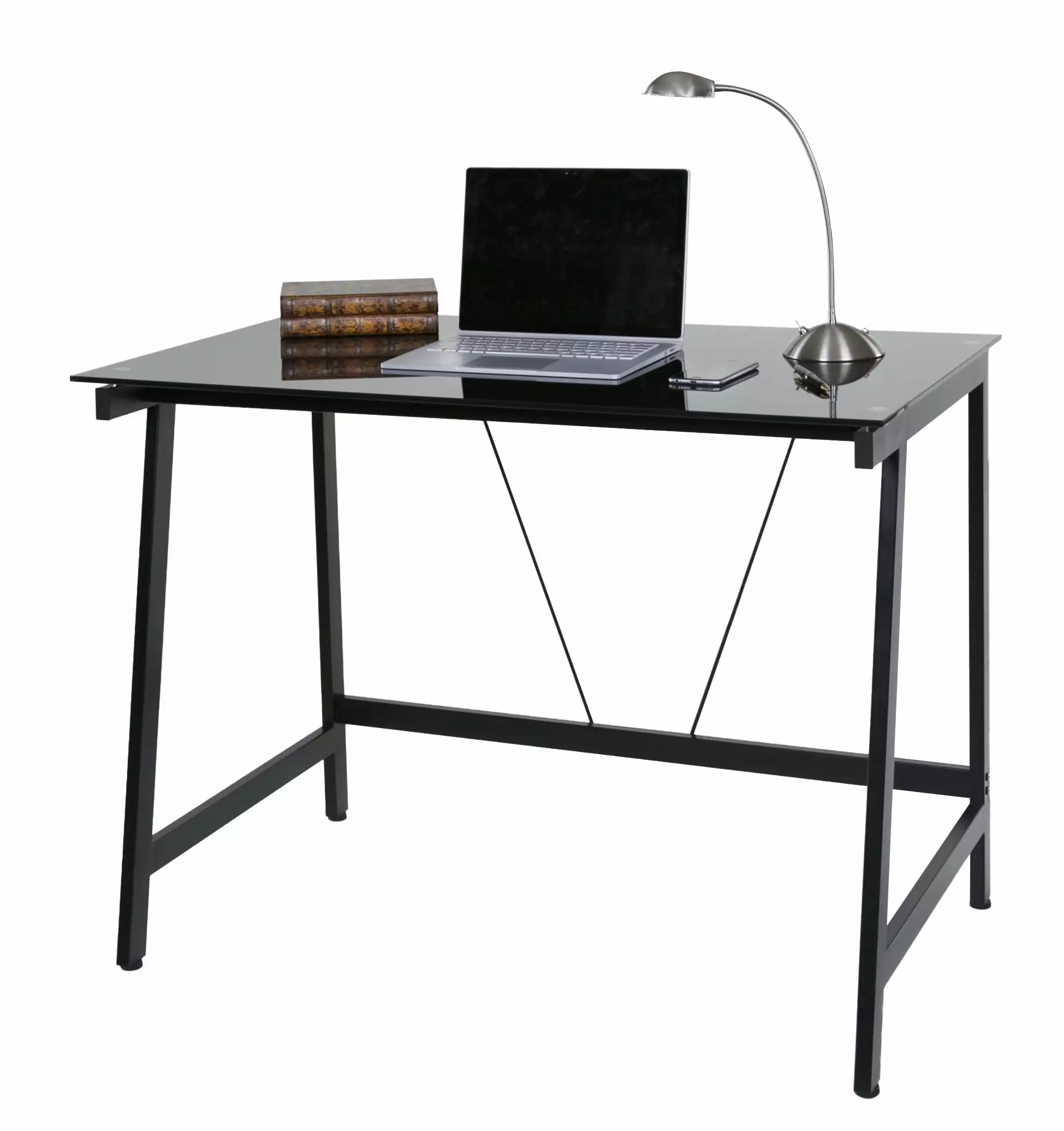 OneSpace 50-HD0105 Contemporary Glass Writing Desk Steel Frame Black