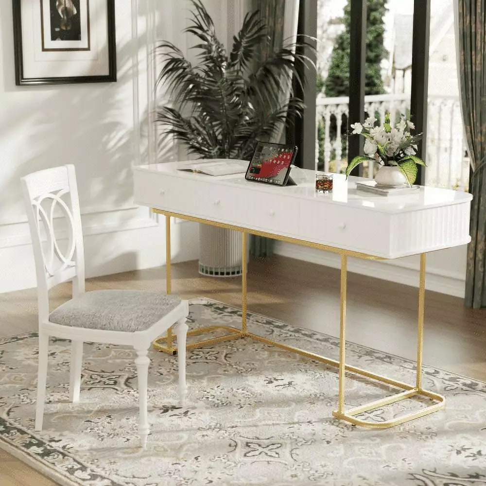 58 Mid-Century Modern Curved Desk Waveform Fluted Panel Design and 3 Drawers White & Gold Onuobao