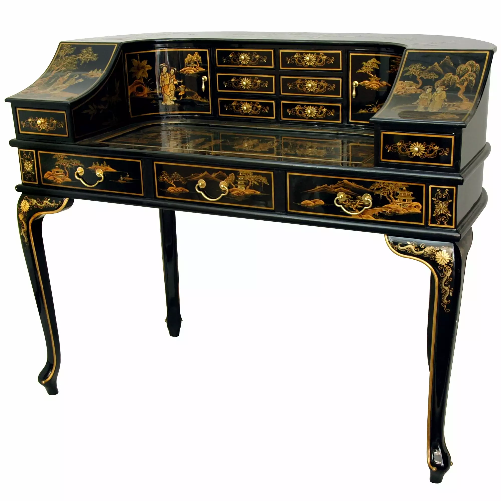 48 Inches Handpainted Black Lacquered Writing Desk Gold Chinoiserie Oriental Furniture