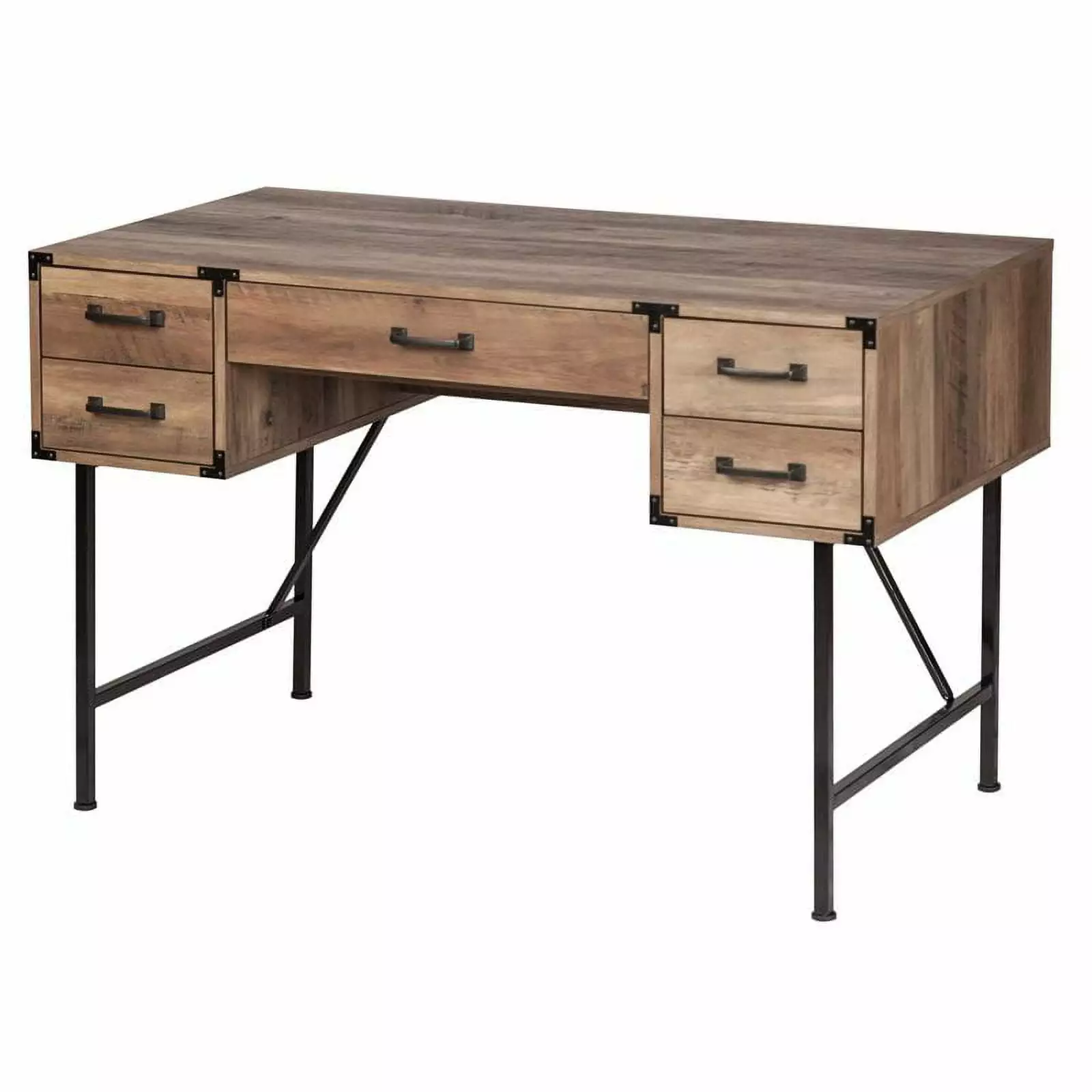 Pemberly Row 5-Drawer Transitional Wood Writing Desk Rustic Oak