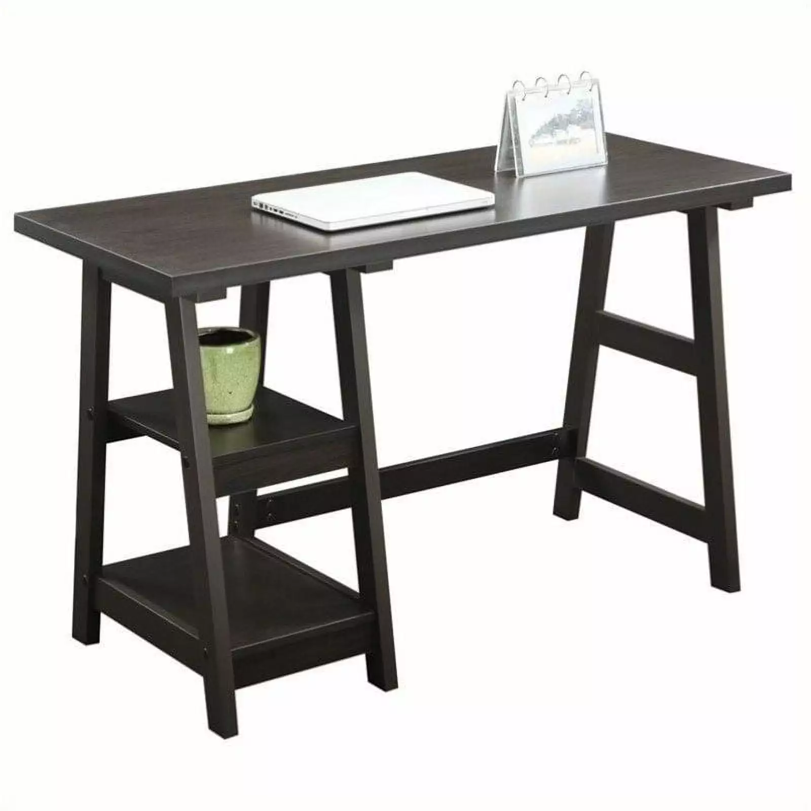 Pemberly Row Trestle Desk Espresso Wood Finish Home Office Writing Desk