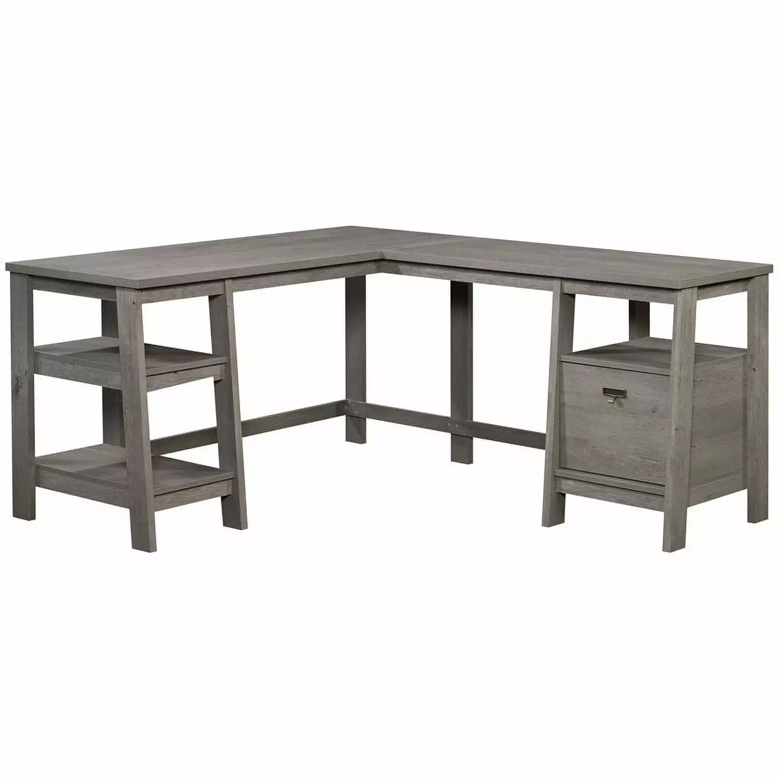 Pemberly Row Trestle Transitional Wooden L-Shaped Writing Desk Mystic Oak - Stylish Home Office