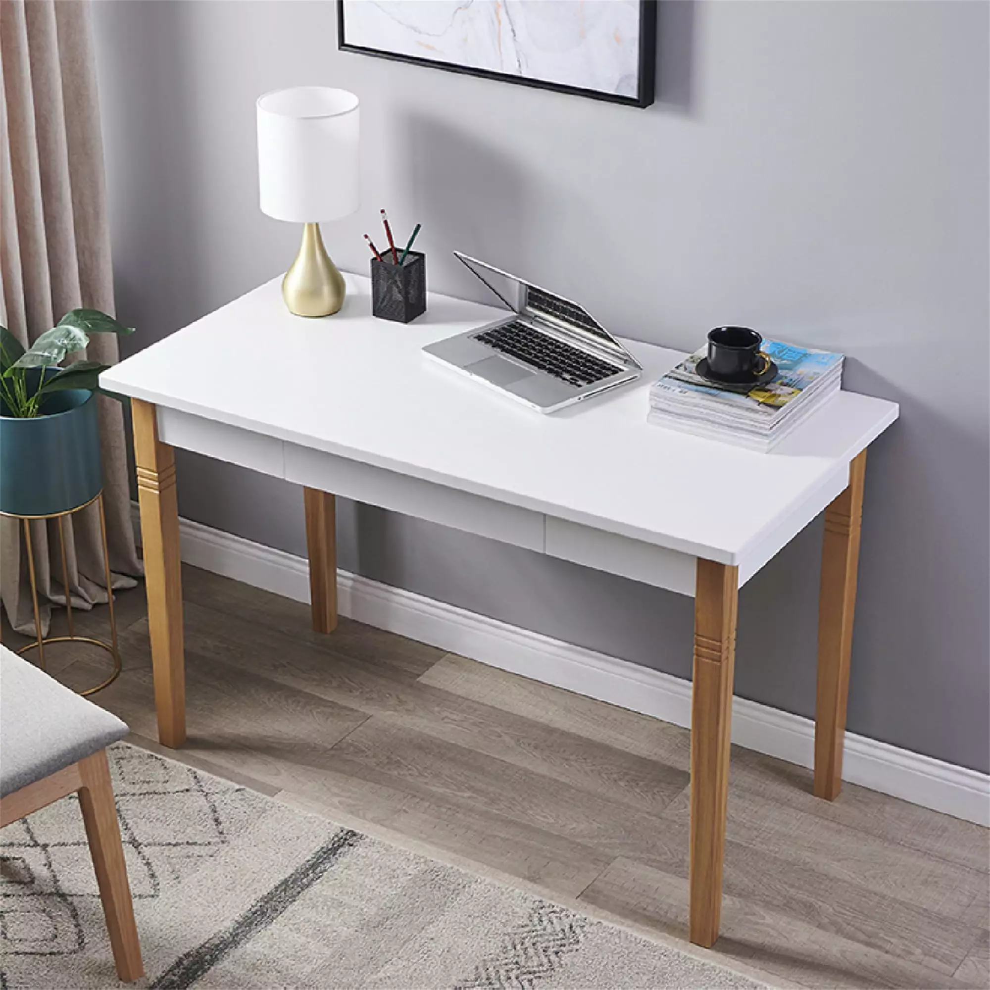 Simple Solid Wood Straight Leg Desk Drawer Office and Home White PUYIJIA