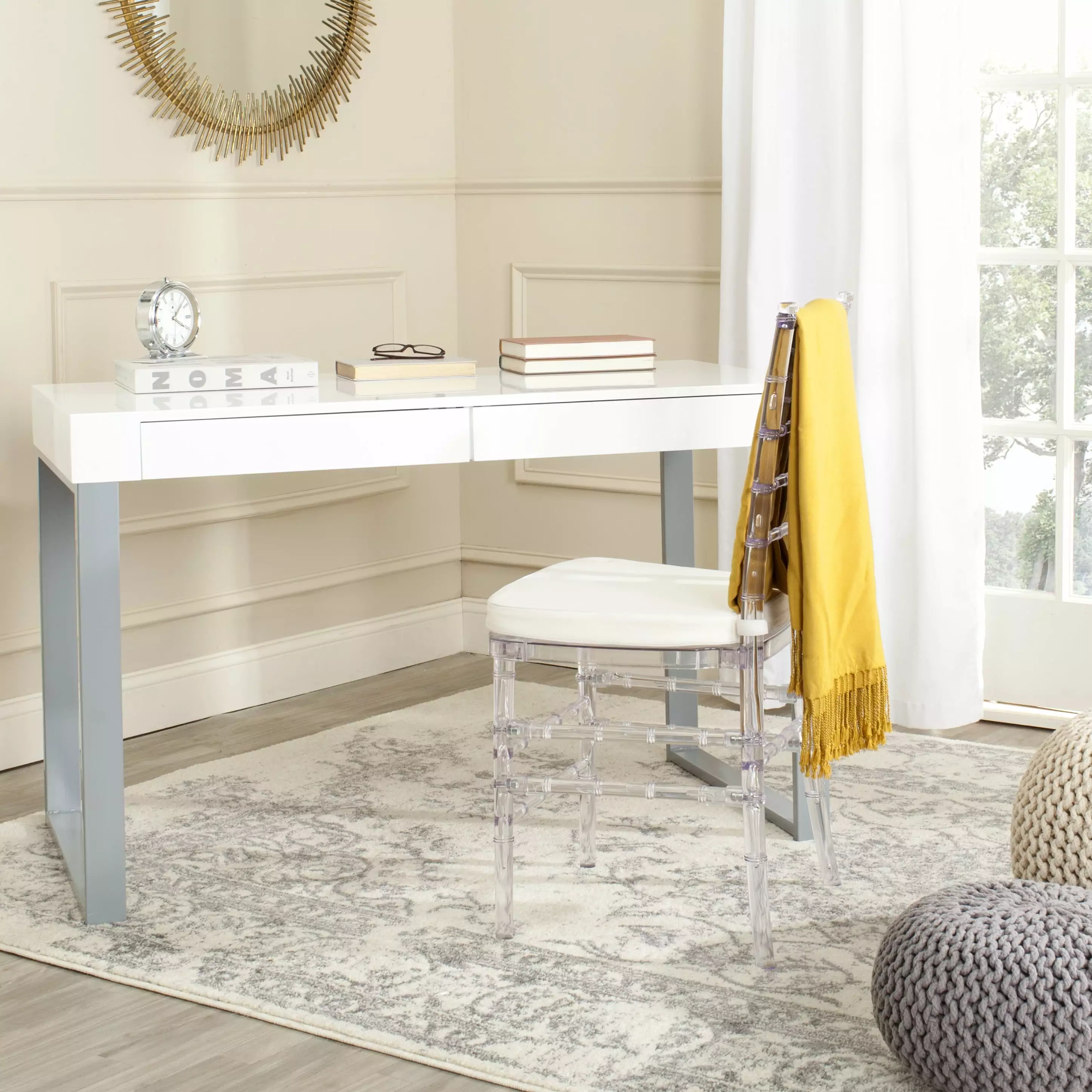 SAFAVIEH Barton Modern Glam Lacquer Writing Desk White - Chic Home Office Furniture