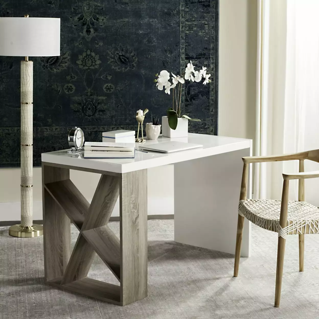 SAFAVIEH Carlene 47 Width Modern Scandinavian Side Storage Lacquer Desk White Light Grey
