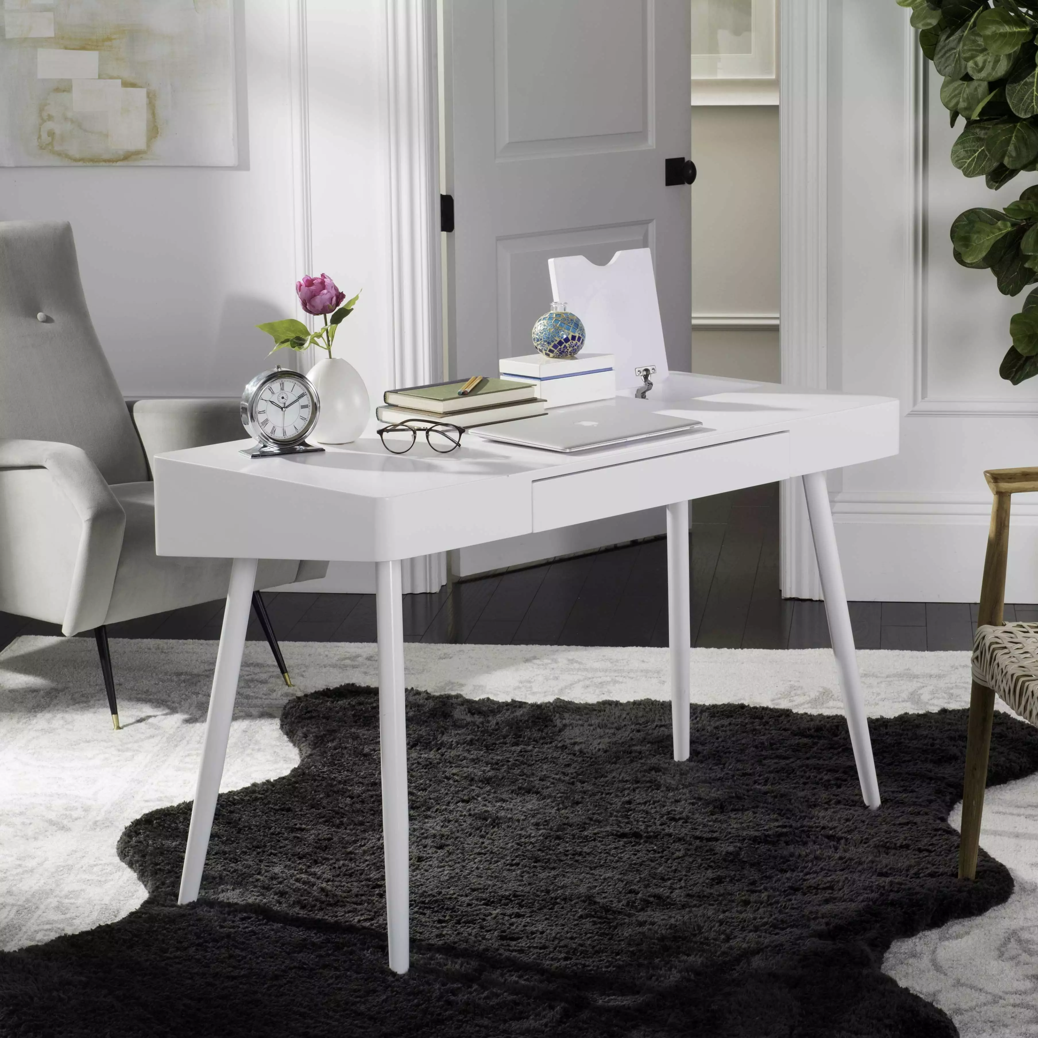 SAFAVIEH Fadri Mid-Century Scandinavian One Drawer Desk White - Minimalist Home Office Desk