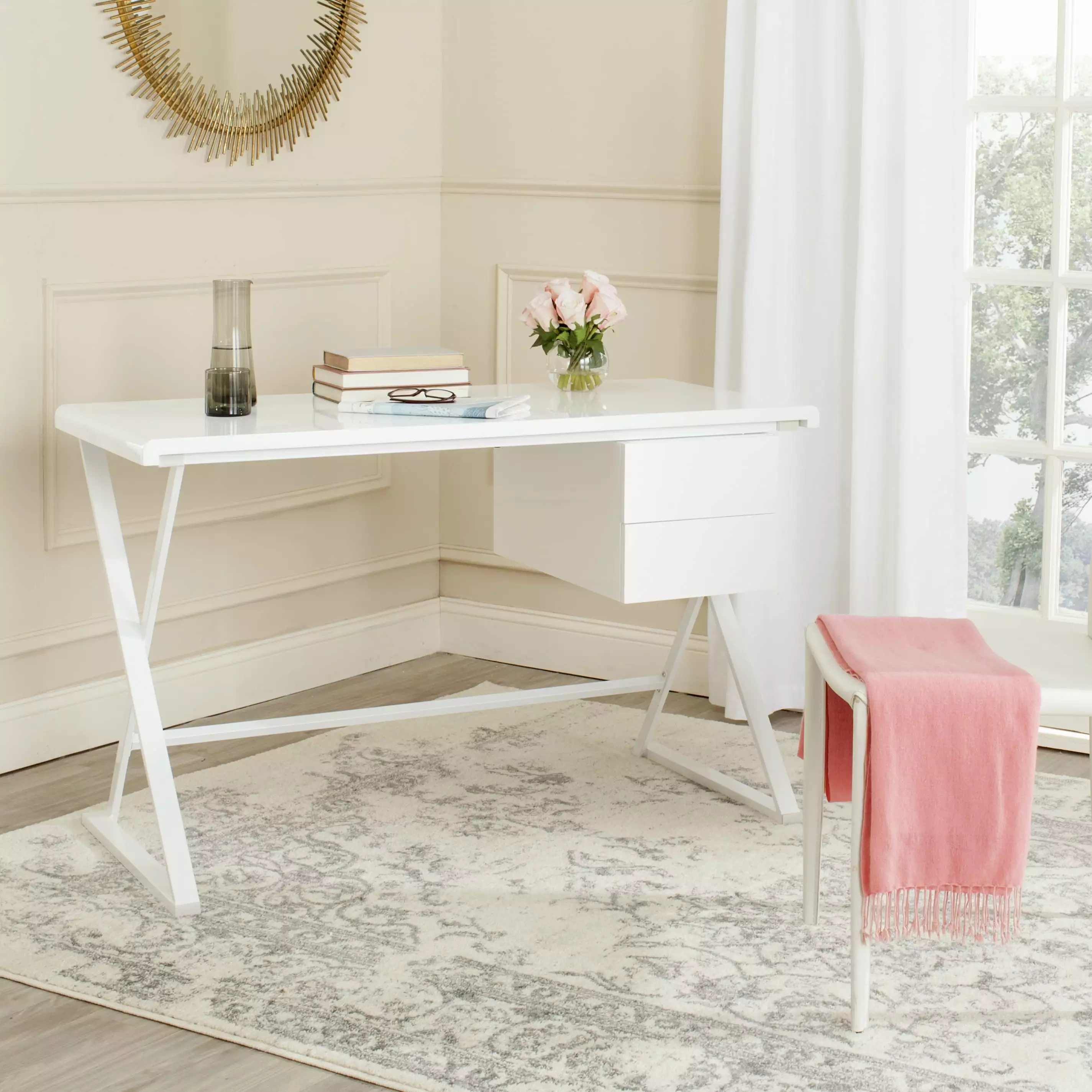 SAFAVIEH Watkins Modern Glam Lacquer Writing Desk White - Elegant Home Office Furniture