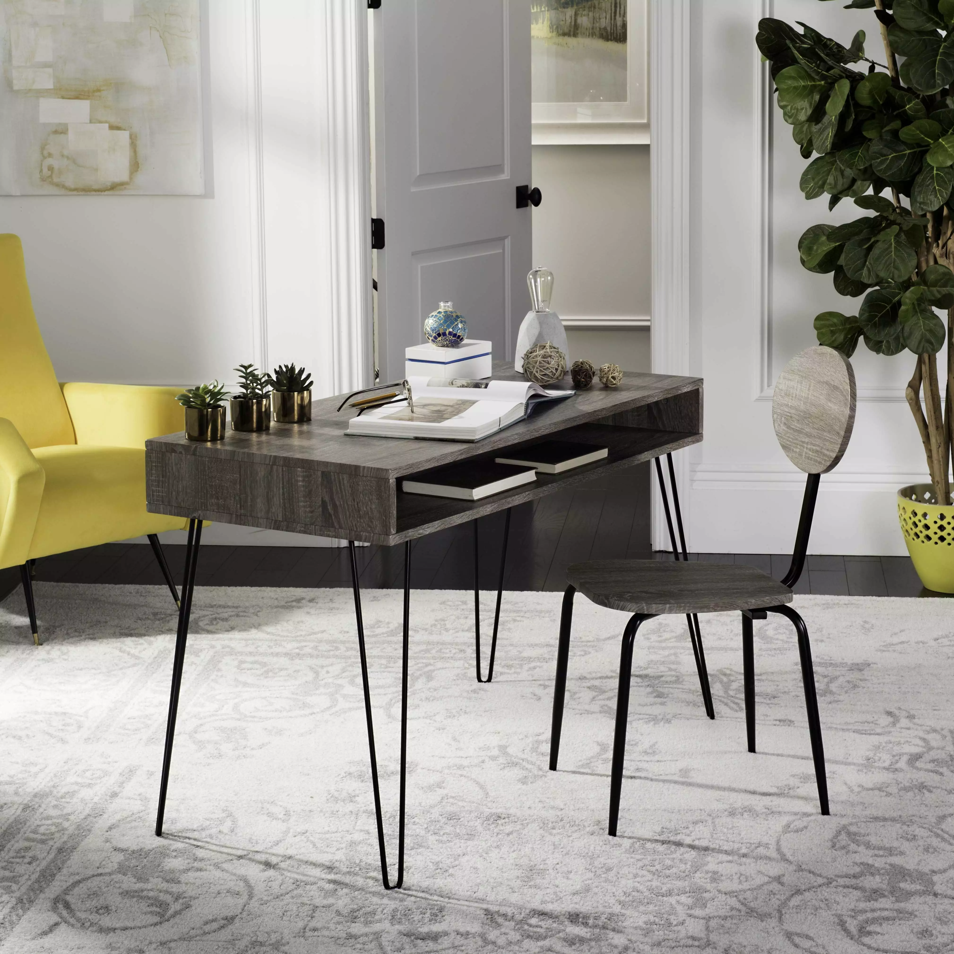 SAFAVIEH Winta 47 Inch Mid-Century Retro Writing Desk and Chair Set Grey Black Vintage Office Furniture