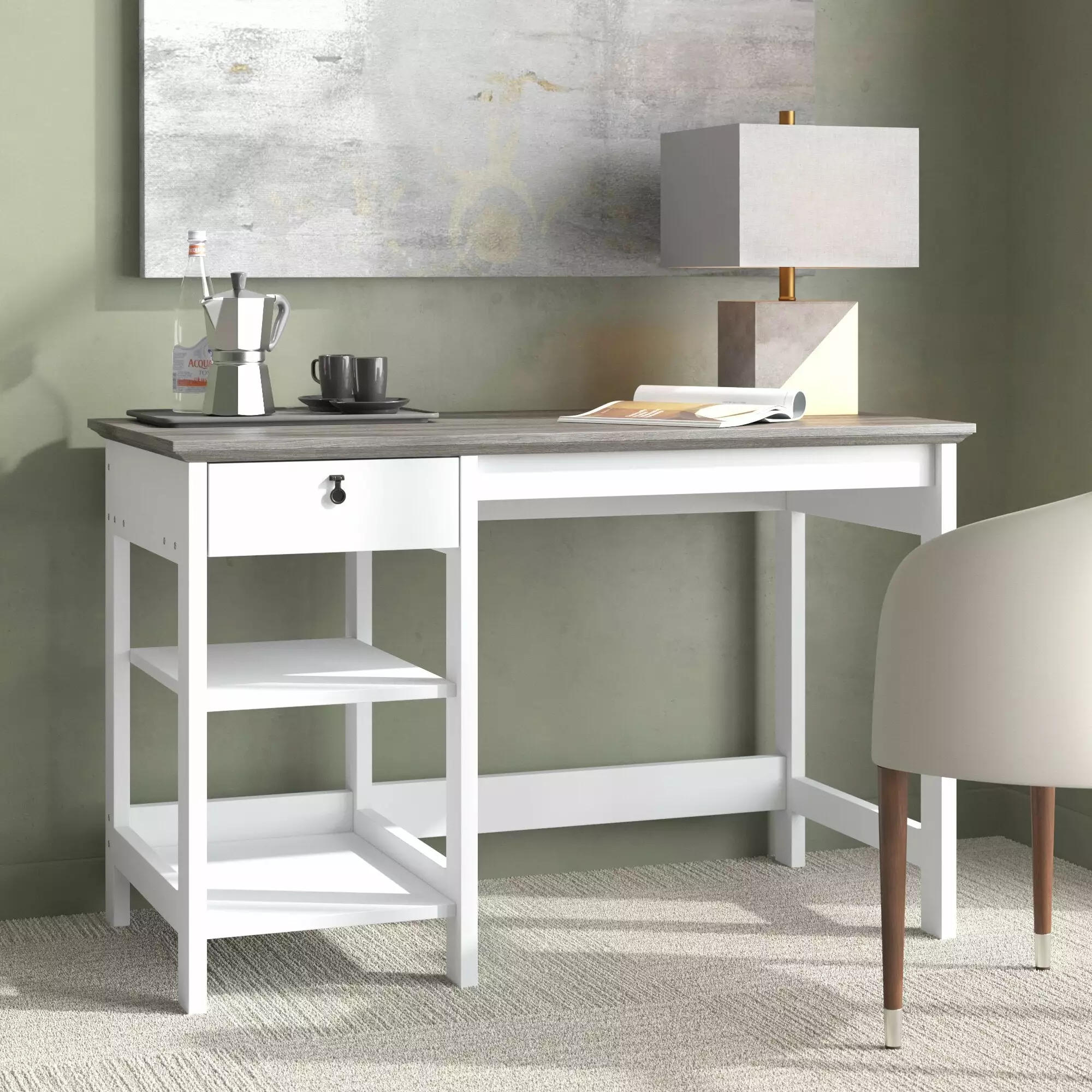 Saint Birch Finley 47-inch White Writing Desk Storage and Shelves Home Office