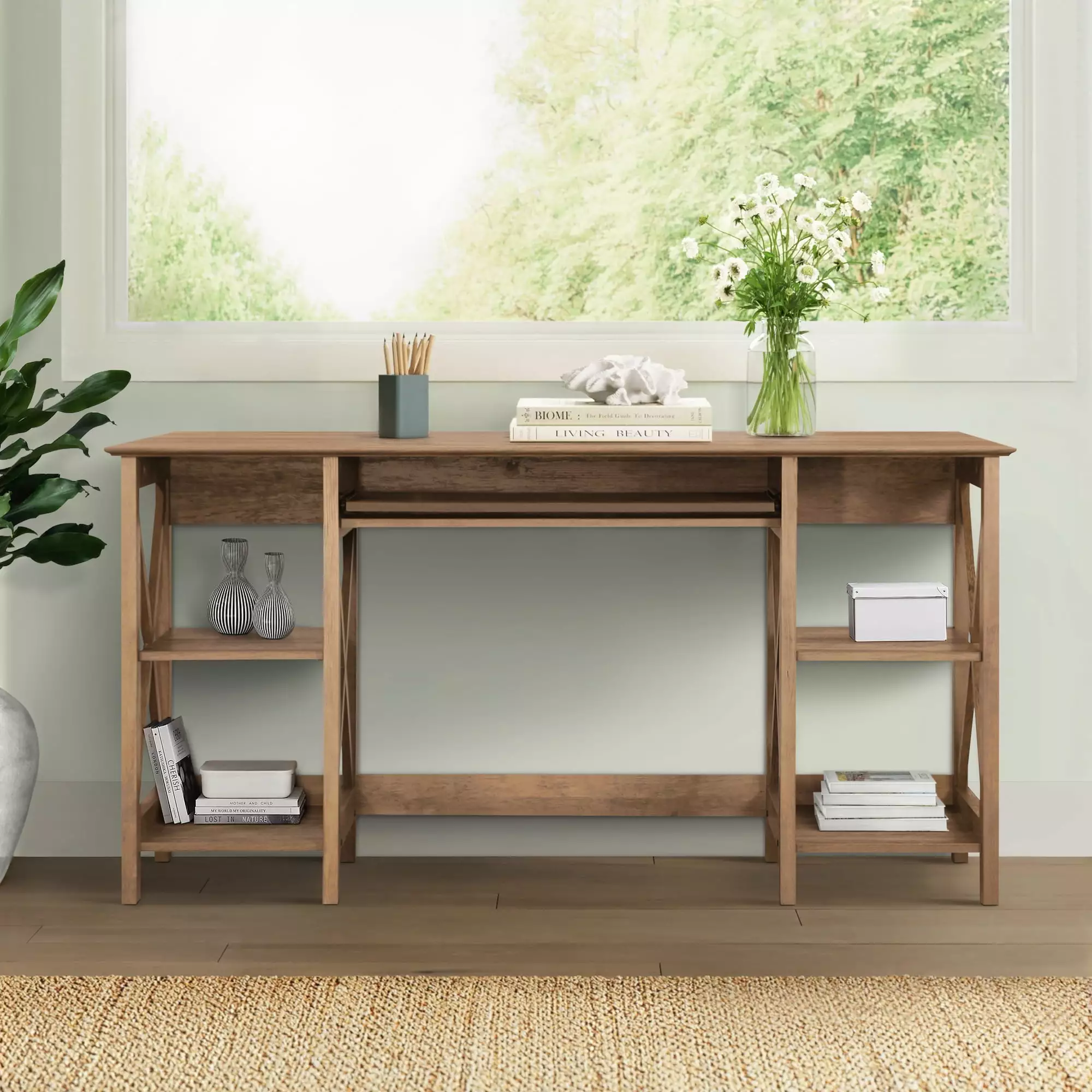 Saint Birch Honduras 58 Rustic Oak Particleboard Writing Desk Open Shelves