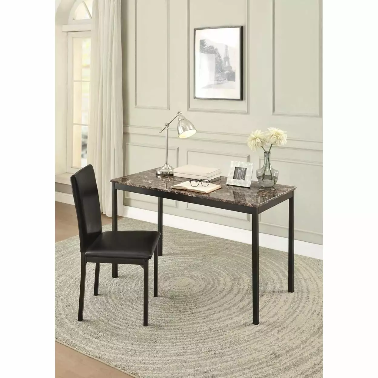 Faux Marble Writing Desk Leatherette Upholstered Chair Black Saltoro Sherpi