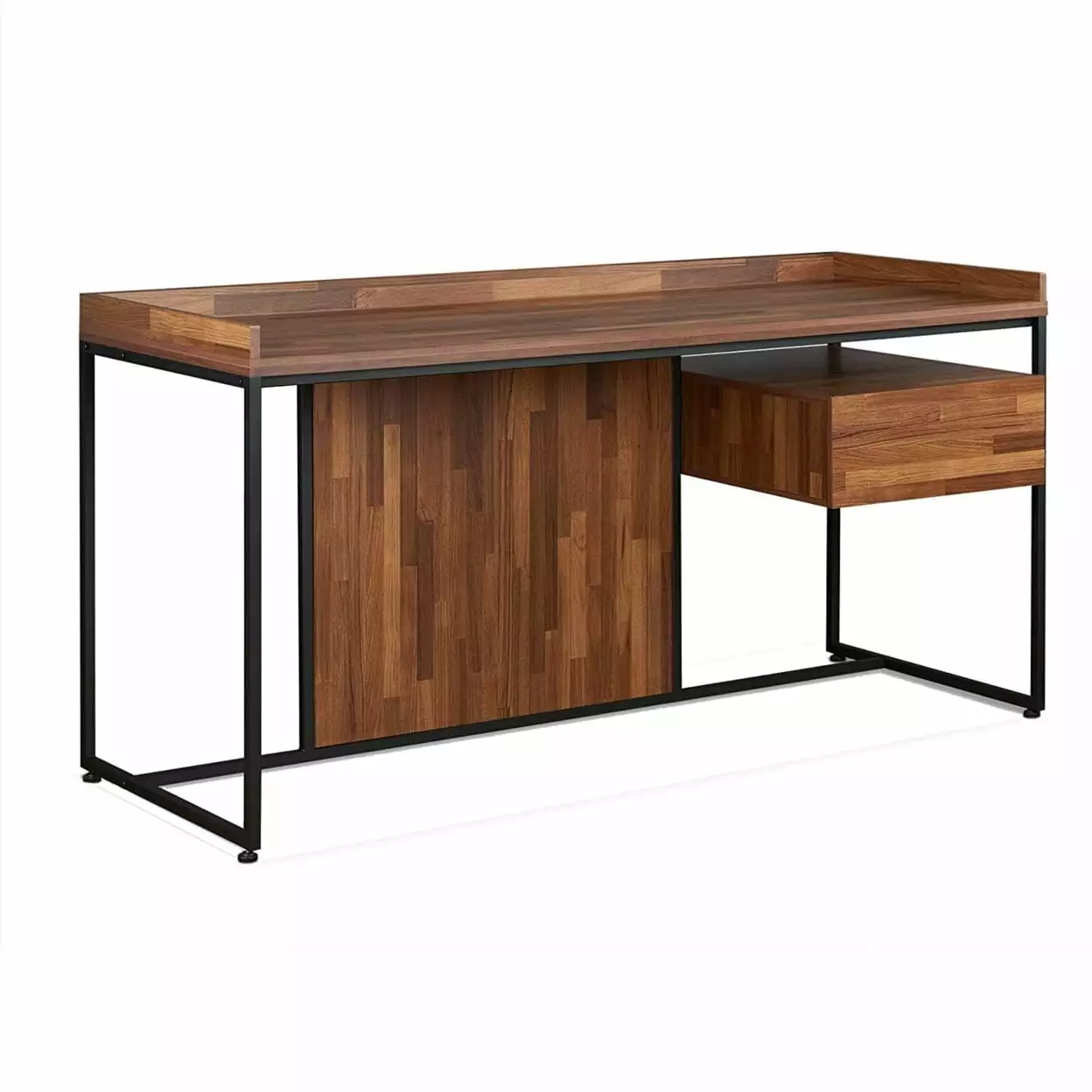 Wooden Top Desk Rectangular Metal Frame Walnut Brown and Sandy Black Saltoro Sherpi