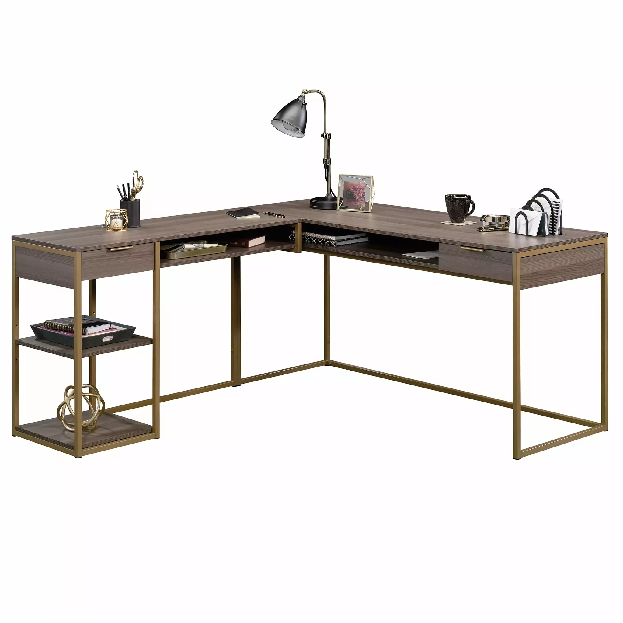 Sauder International Lux L Shaped Writing Desk Diamond Ash and Gold