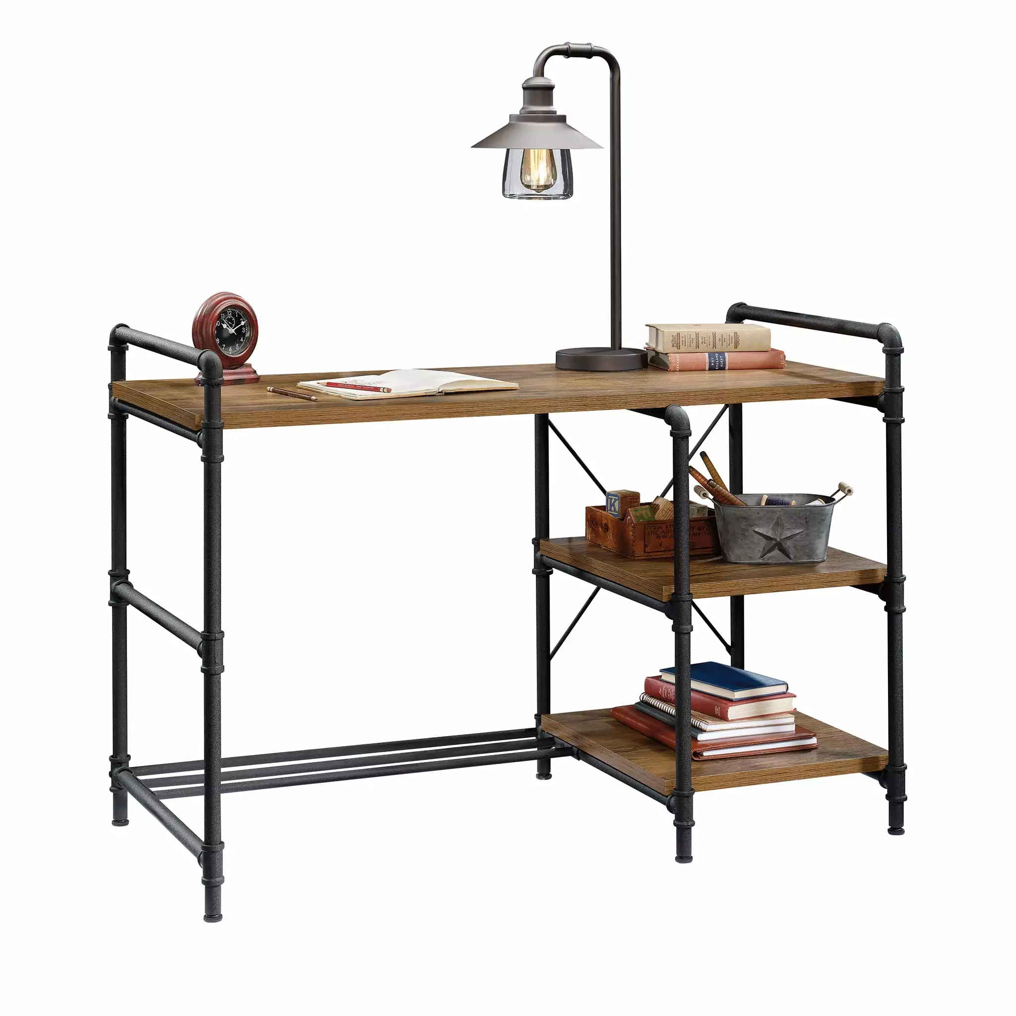 Sauder Iron City Engineered Wood Metal Writing Desk Checked Oak Black