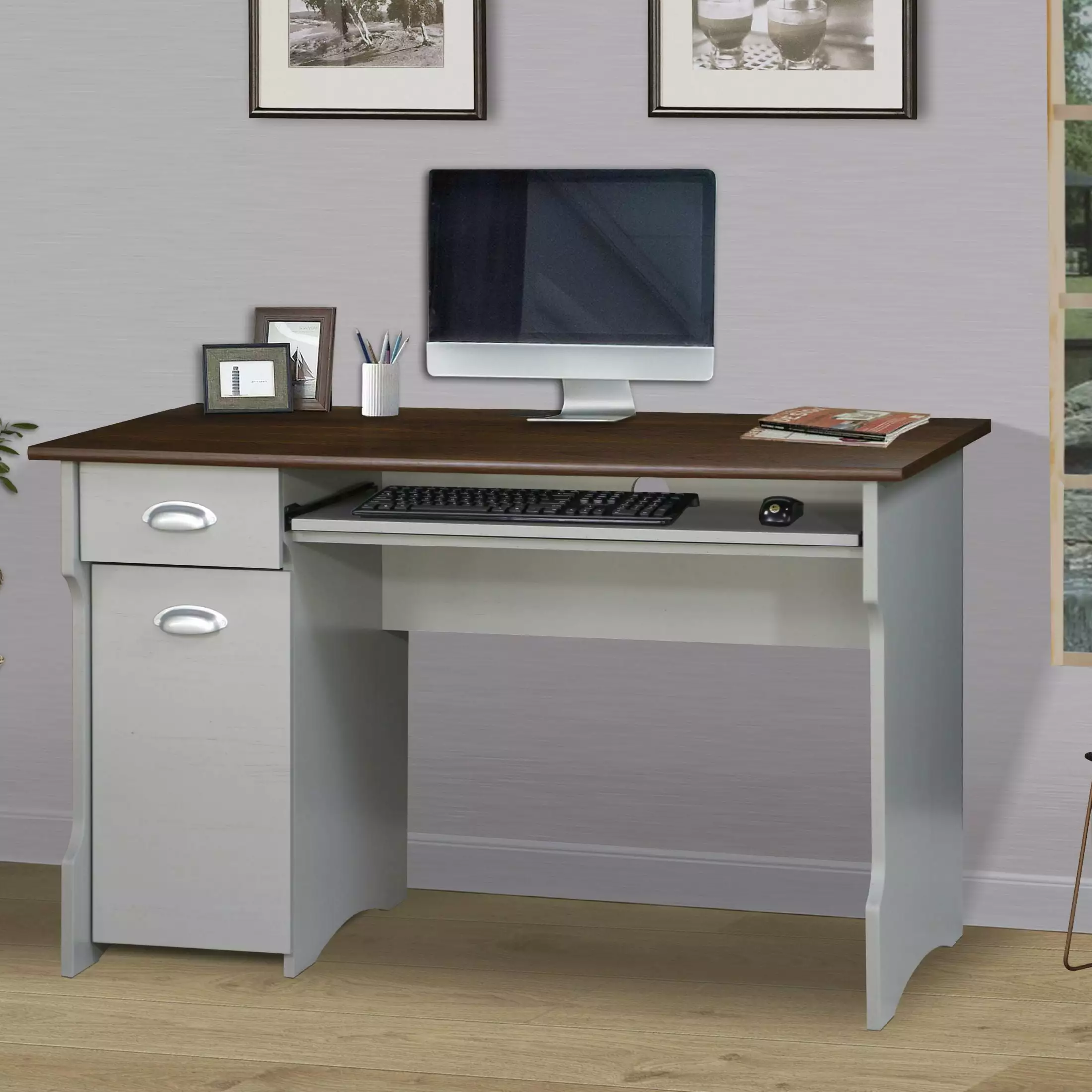47-Inch Elegant Two-Tone Writing Desk Storage - Contemporary Gray and Rosewood Finish SMHZ