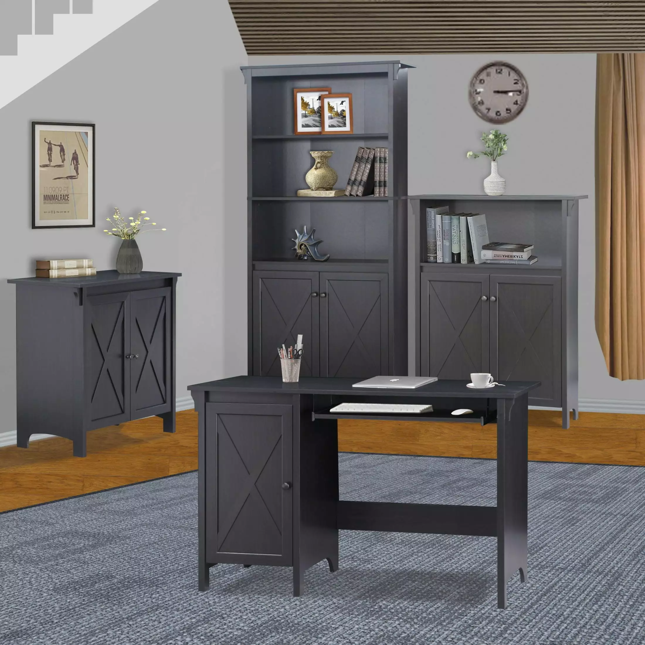 47 Inch Chic Espresso Writing Desk Keyboard Tray Enclosed Adjustable Shelf Cabinet Home Office Desk SMHZ