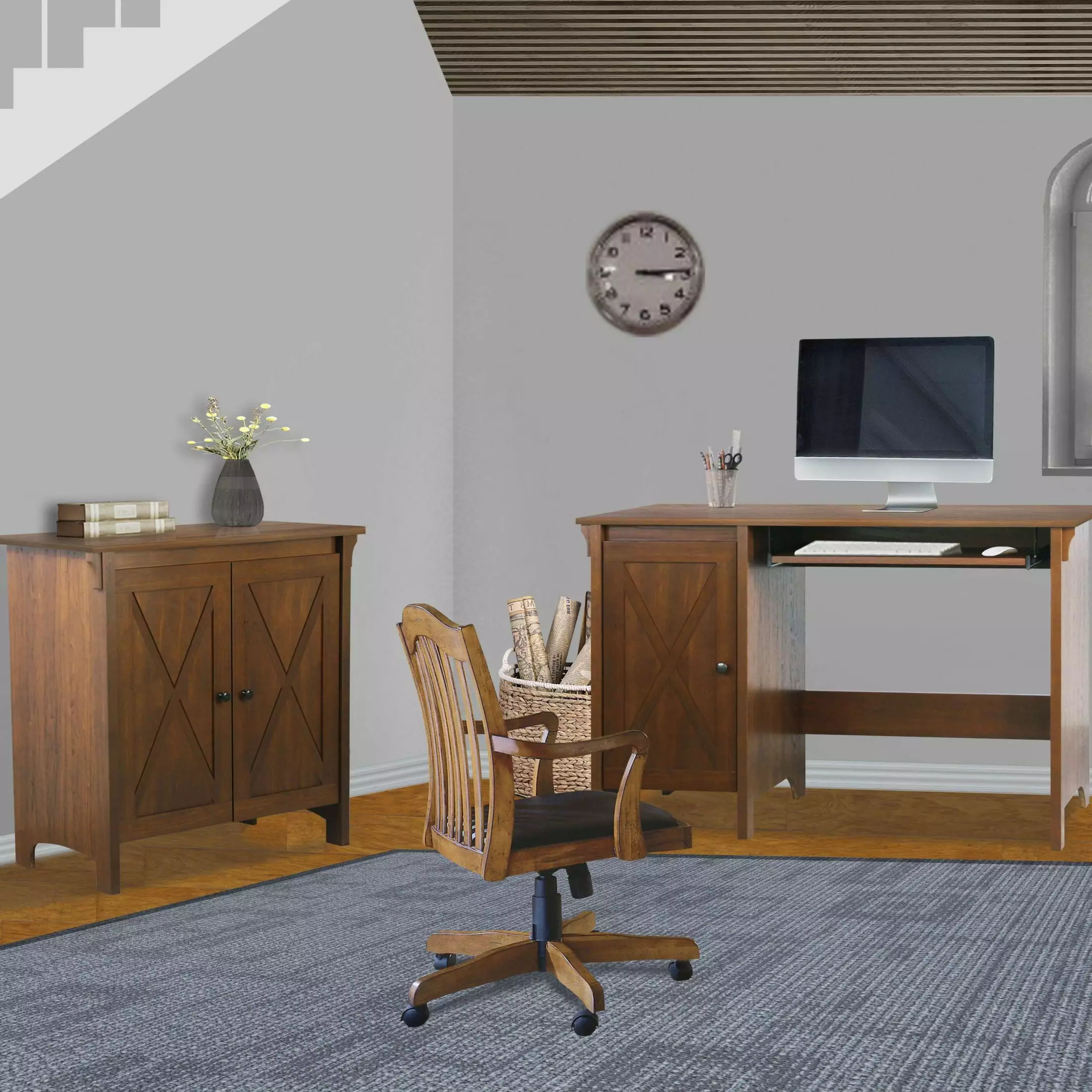47 Inch Classic Cherry-Finished Office Desk Adjustable Storage Shelves Keyboard Tray Elegant Computer Desk SMHZ