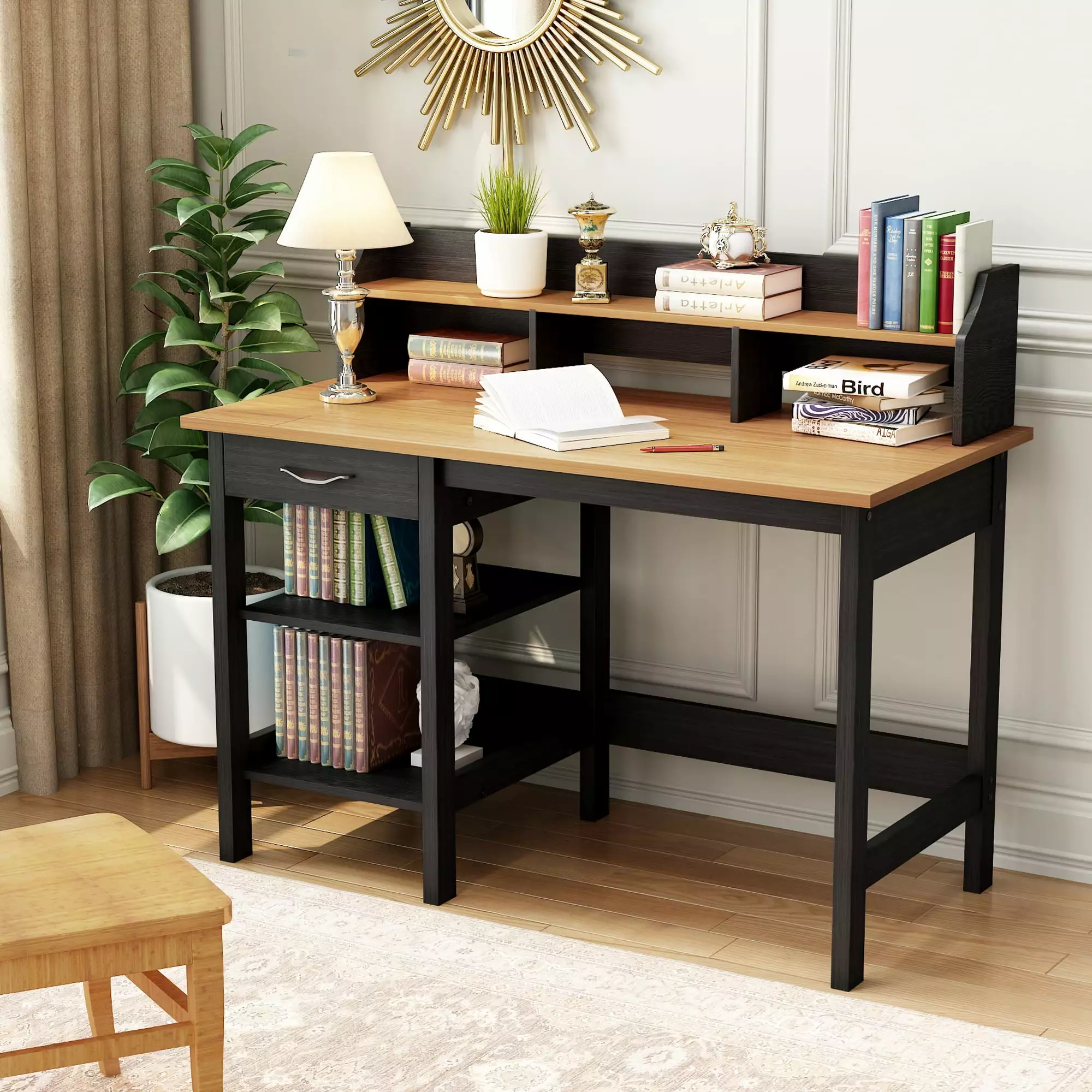 47 Inch Honey Maple & Antique Black Writing Desk Hutch - Home Office Workstation SMHZ