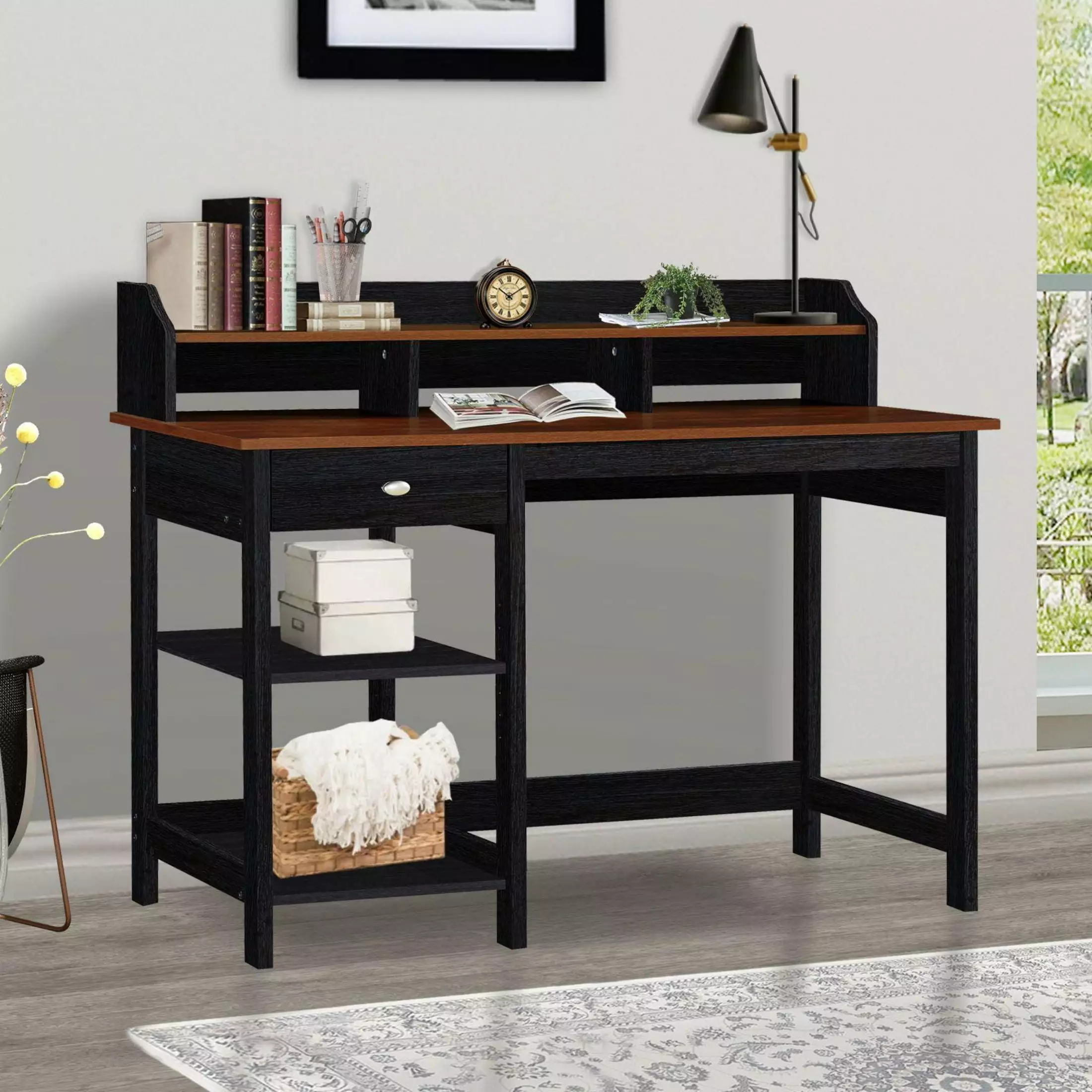 47 Inch Writing Desk Hutch Teak Black Oak Dual-Tone Desk Spacious Computer Table Drawer Adjustable Shelf SMHZ