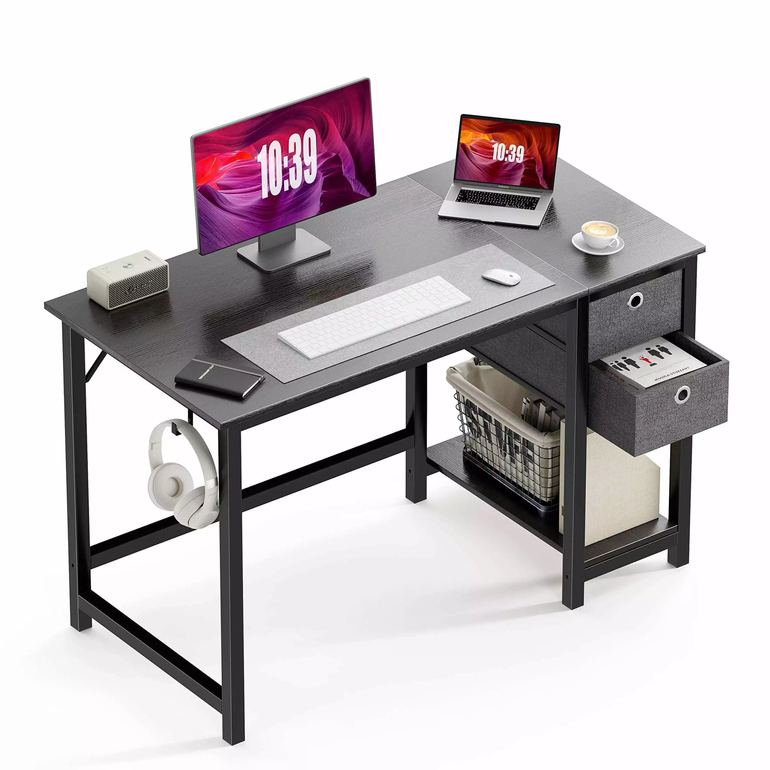 Modern Simple Style Home Office Writing Desk 2-Tier Drawers Storage - 40 Inch Black Wood Desk SMHZ